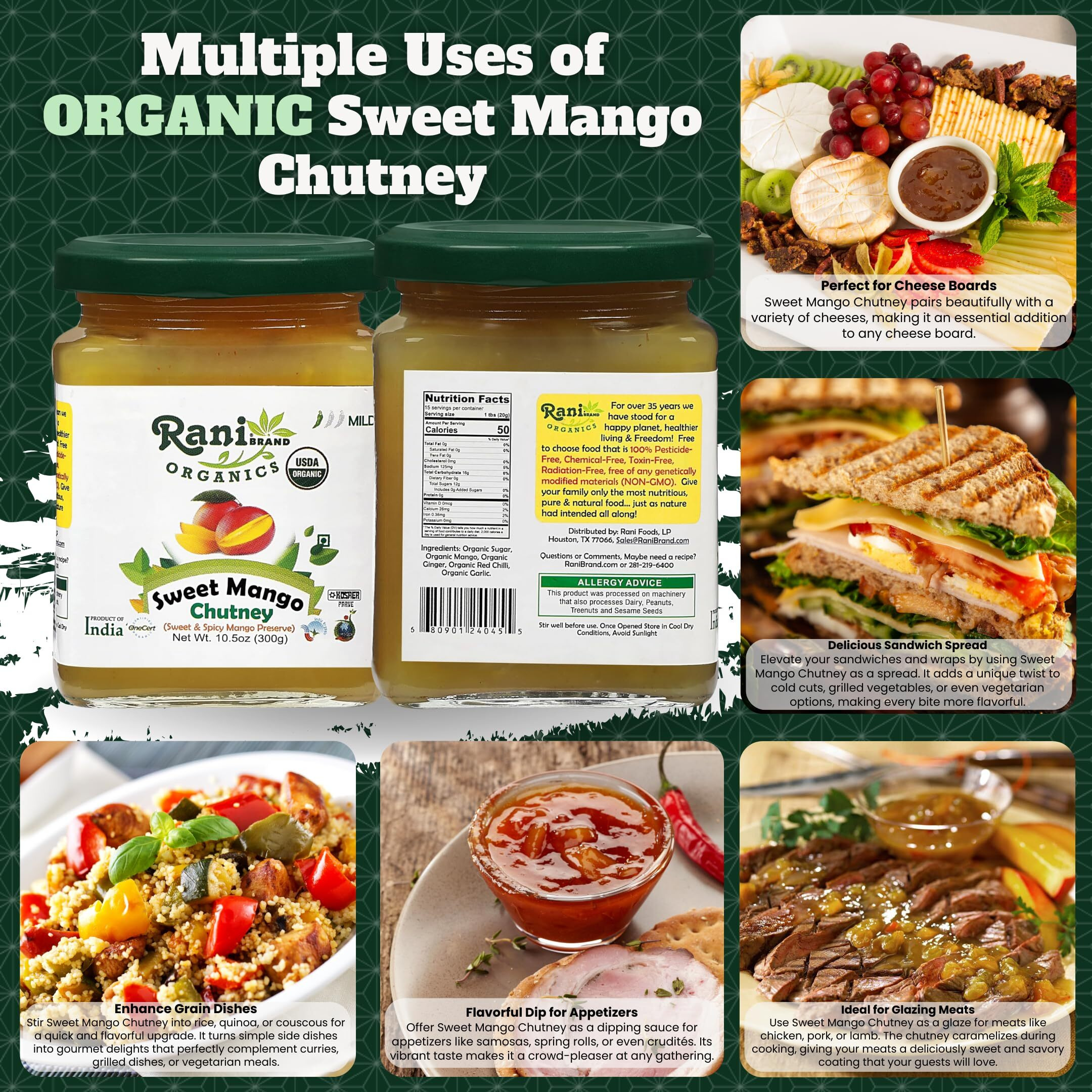 Rani Organic Sweet Mango Chutney (Indian Preserve) 10.5oz (300g) Glass Jar, Ready to eat ~ All Natural, Vegan, Gluten Free, No Colors, NON-GMO, Indian Origin, USDA Certified Organic