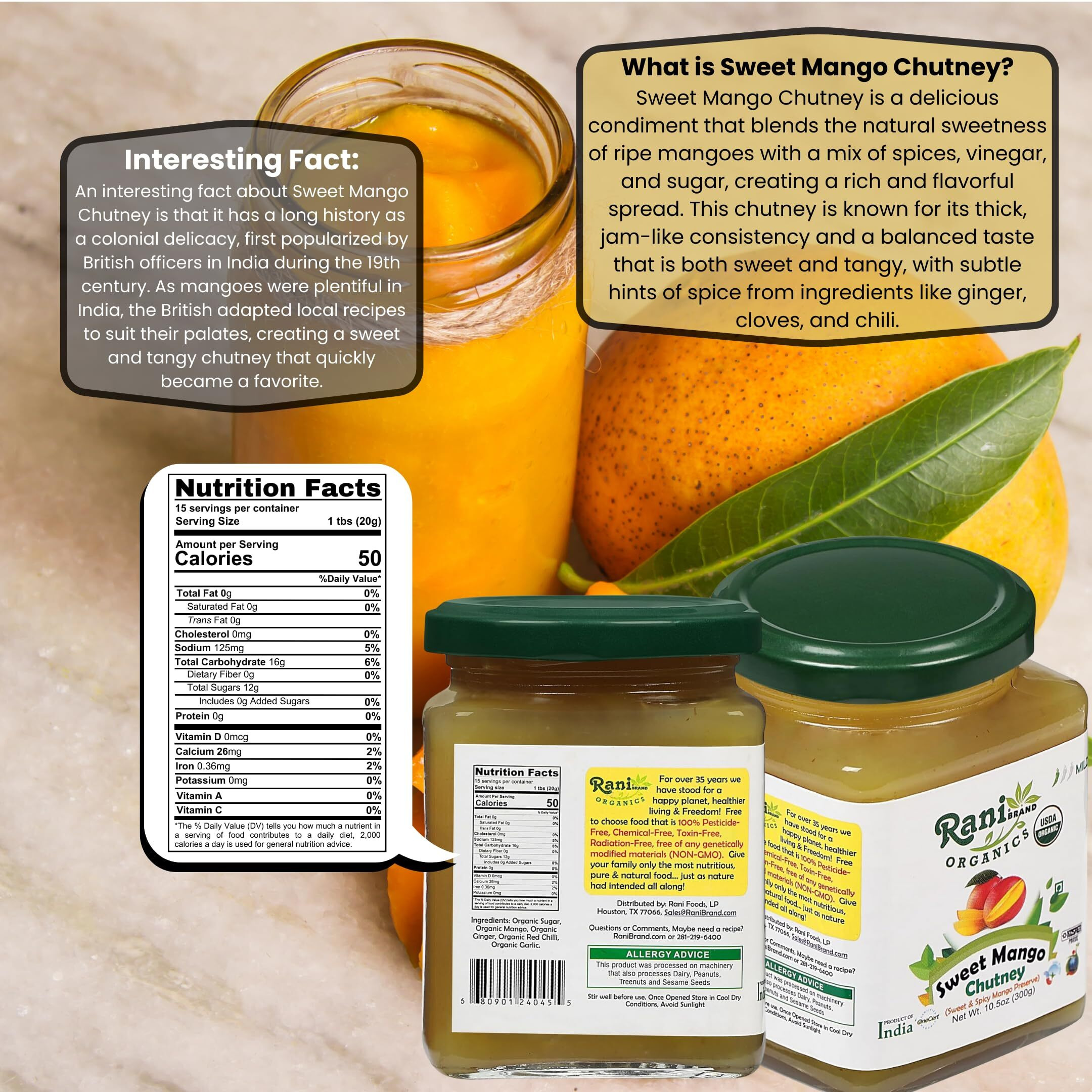 Rani Organic Sweet Mango Chutney (Indian Preserve) 10.5oz (300g) Glass Jar, Ready to eat ~ All Natural, Vegan, Gluten Free, No Colors, NON-GMO, Indian Origin, USDA Certified Organic