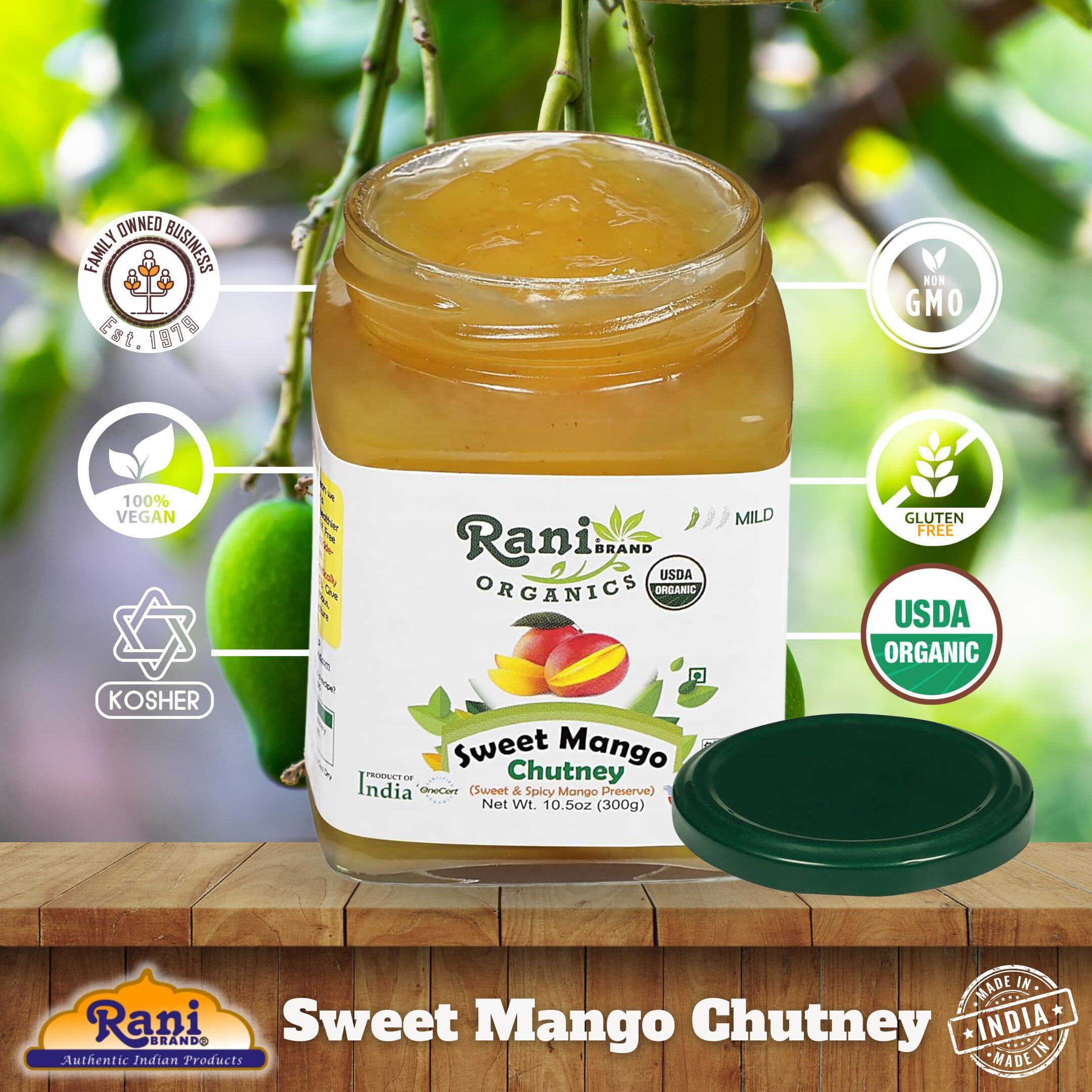 Rani Organic Sweet Mango Chutney (Indian Preserve) 10.5oz (300g) Glass Jar, Ready to eat ~ All Natural, Vegan, Gluten Free, No Colors, NON-GMO, Indian Origin, USDA Certified Organic