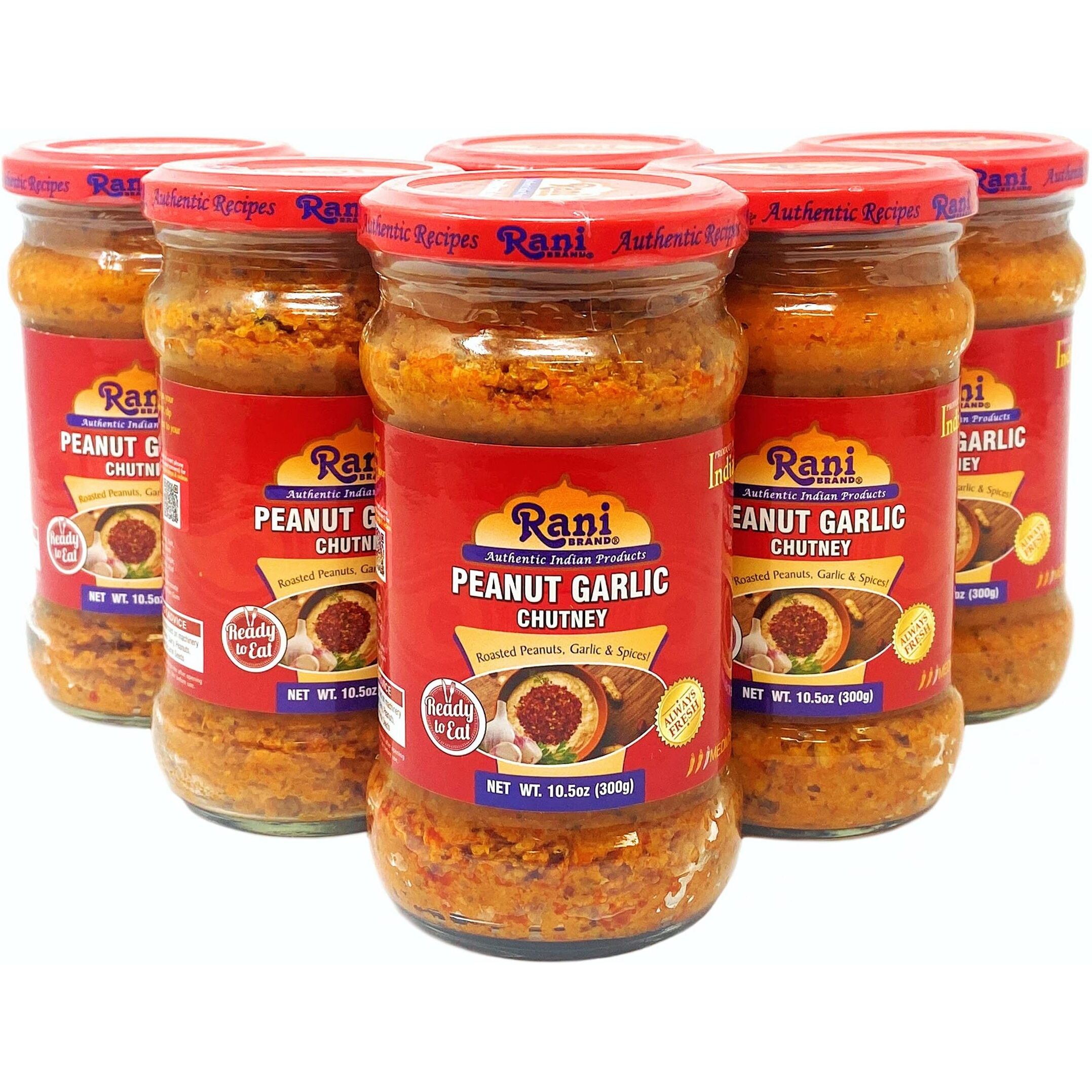 Rani Peanut Garlic Chutney 10.5oz (300g) Glass Jar, Ready to Eat, Pack of 5+1 FREE ~ Vegan, Gluten Free, NON-GMO, No Colors, Indian Origin
