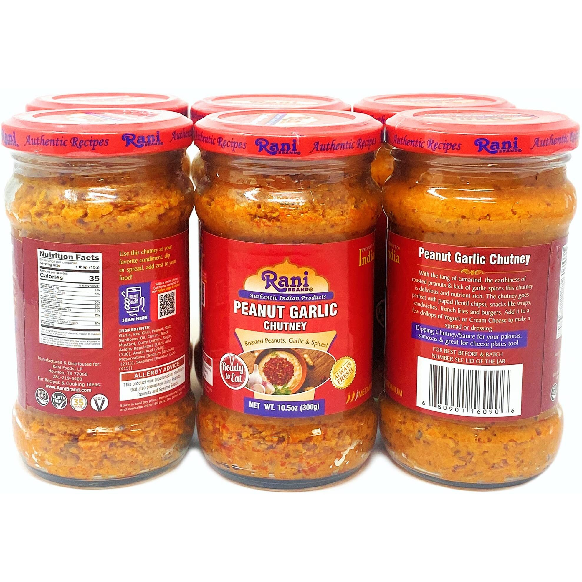 Rani Peanut Garlic Chutney 10.5oz (300g) Glass Jar, Ready to Eat, Pack of 5+1 FREE ~ Vegan, Gluten Free, NON-GMO, No Colors, Indian Origin