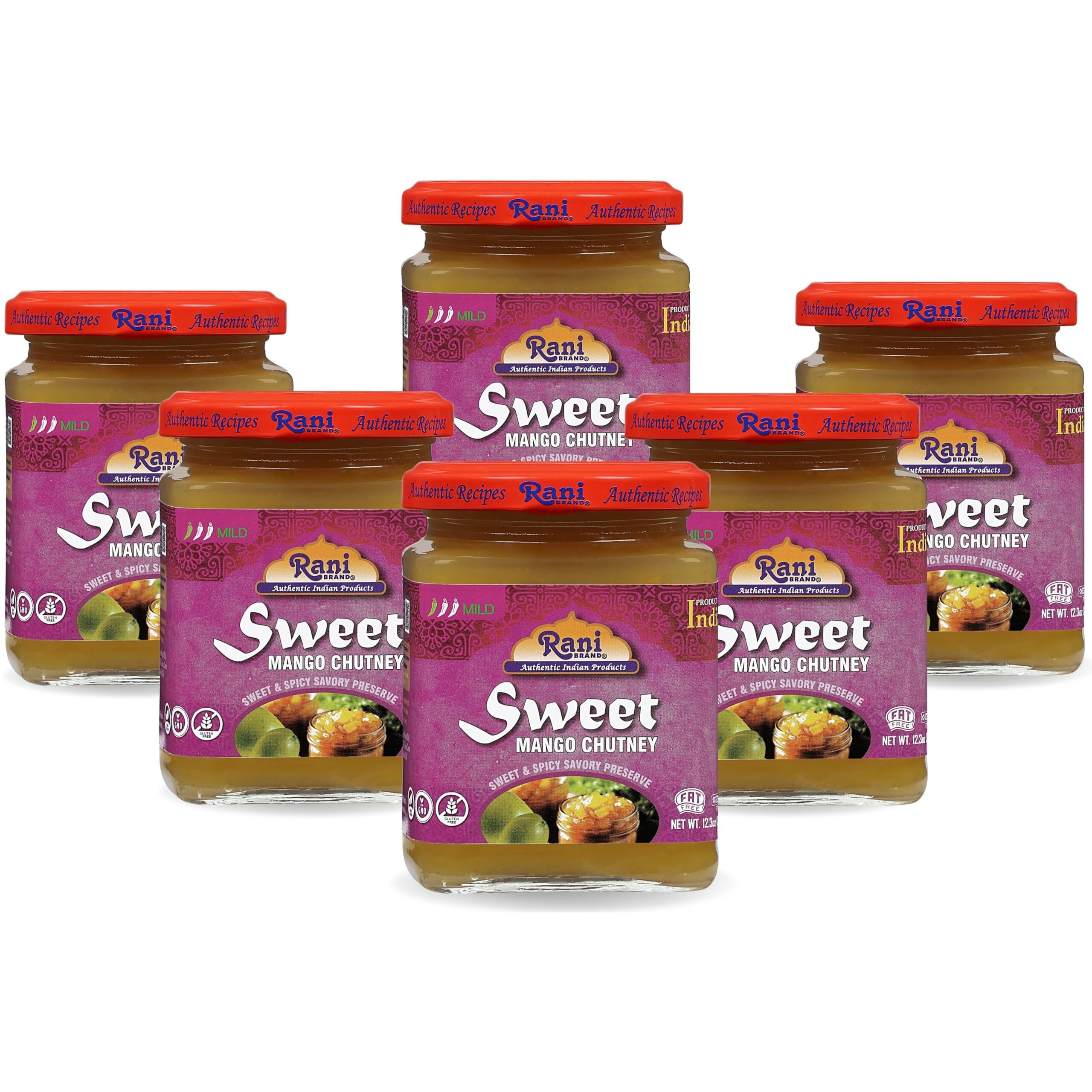 Rani Sweet Mango Chutney (Indian Preserve) 12.3oz (350g) Glass Jar, Ready to eat, Vegan, Pack of 5+1 ~ Gluten Free, All Natural, NON-GMO (Size 12.3oz (350g))