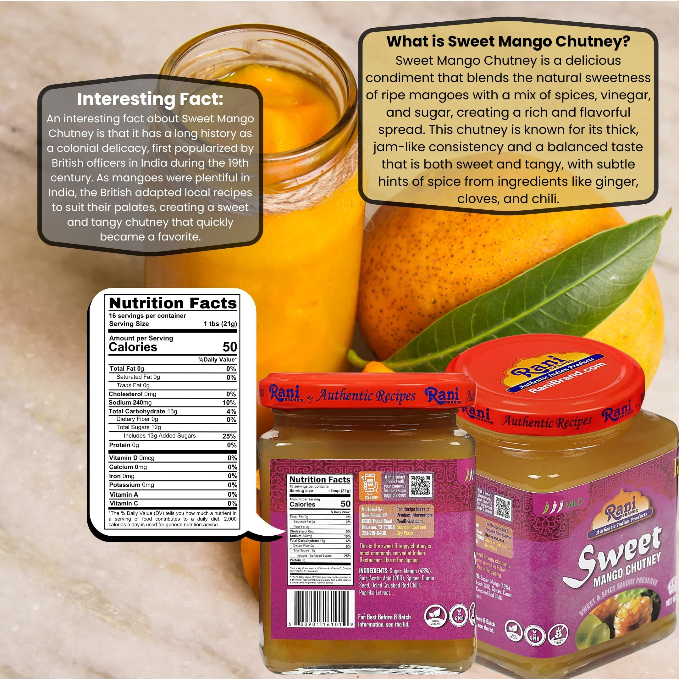 Rani Sweet Mango Chutney (Indian Preserve) 12.3oz (350g) Glass Jar, Ready to eat, Vegan, Pack of 5+1 ~ Gluten Free, All Natural, NON-GMO (Size 12.3oz (350g))