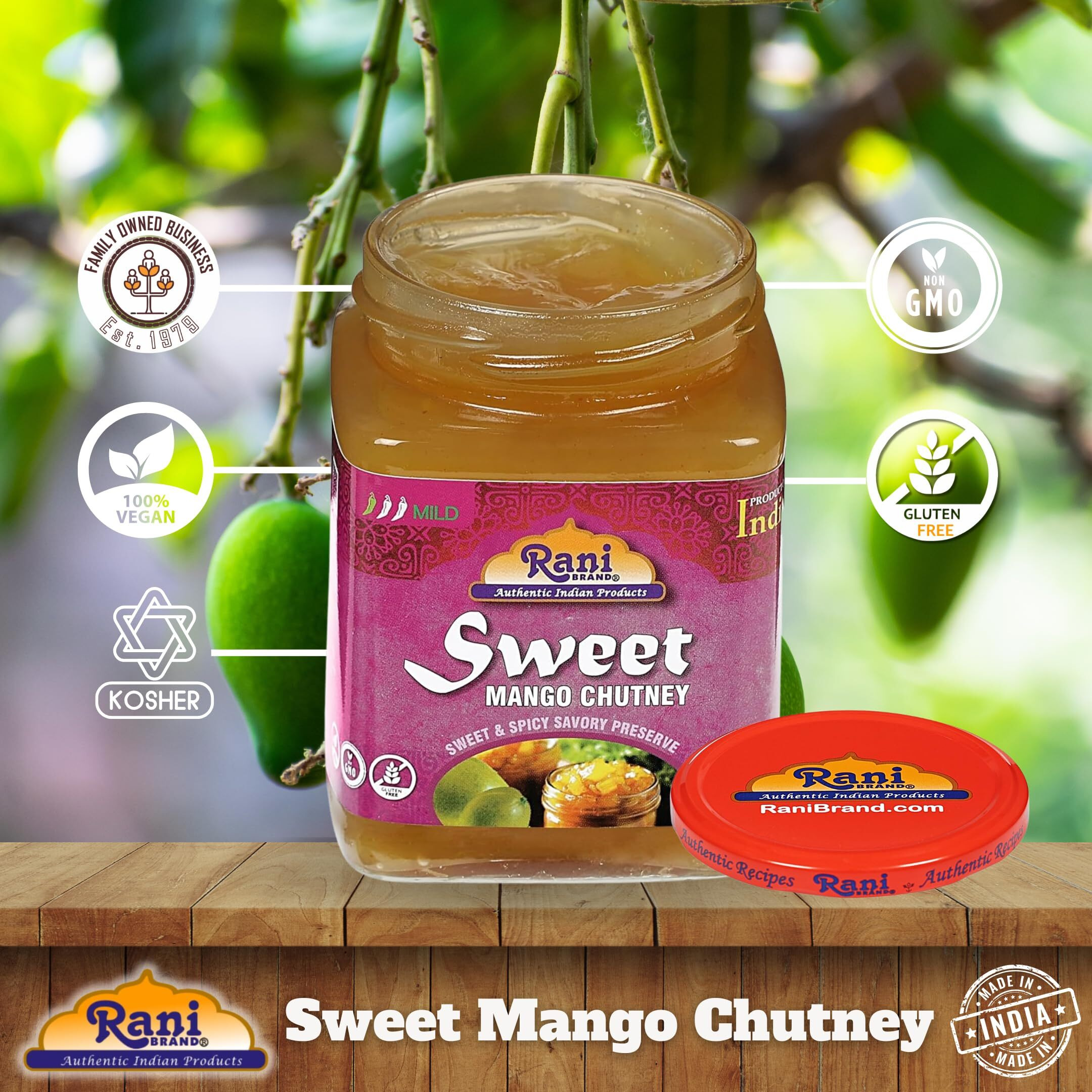Rani Sweet Mango Chutney (Indian Preserve) 12.3oz (350g) Glass Jar, Ready to eat, Vegan, Pack of 5+1 ~ Gluten Free, All Natural, NON-GMO (Size 12.3oz (350g))
