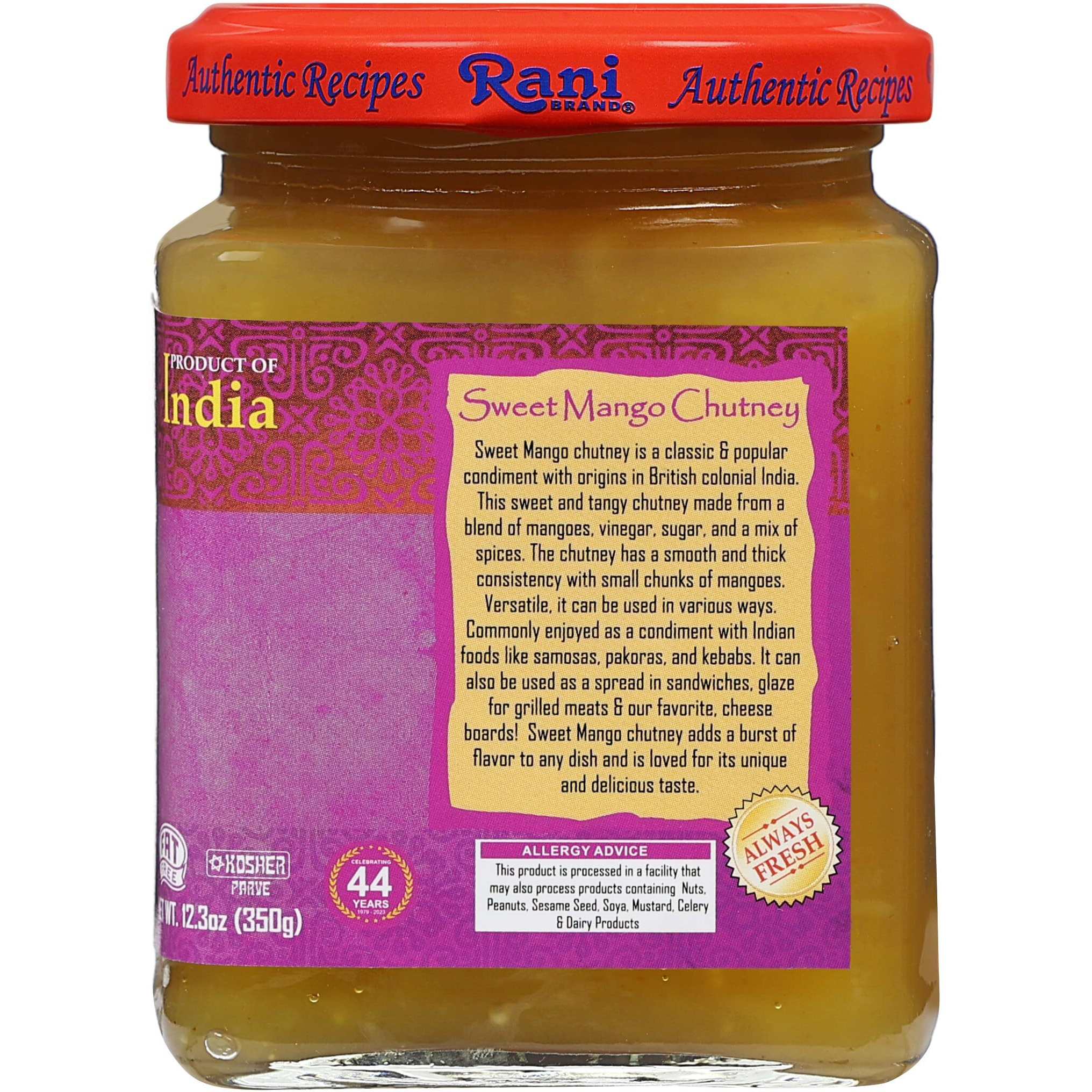 Rani Sweet Mango Chutney (Indian Preserve) 12.3oz (350g) Glass Jar, Ready to eat, Vegan, Pack of 5+1 ~ Gluten Free, All Natural, NON-GMO (Size 12.3oz (350g))