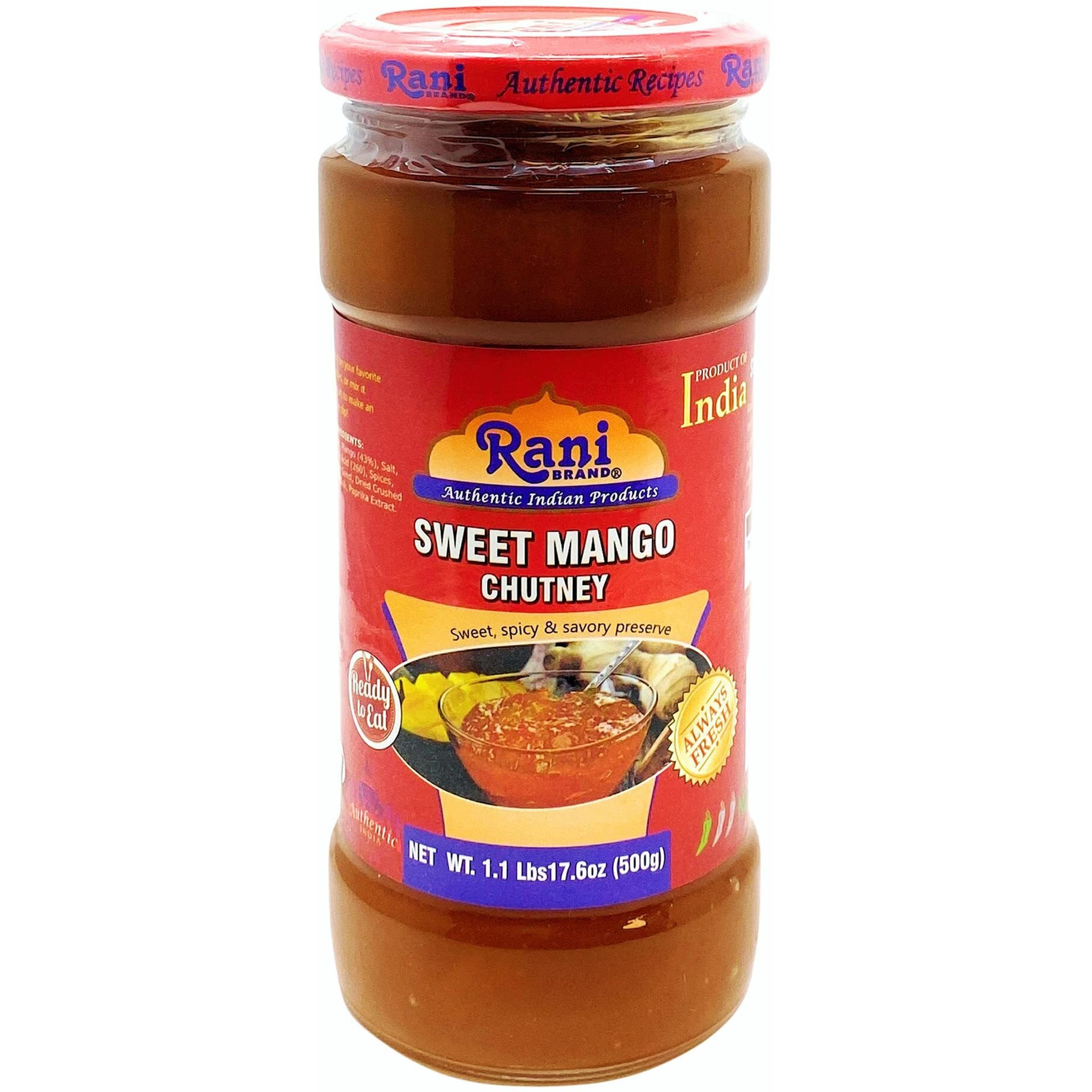 Rani Sweet Mango Chutney (Indian Preserve) 17.6oz (500g) 1.1lbs Glass Jar, Ready to eat, Vegan, Pack of 5+1 ~ Gluten Free, All Natural, NON-GMO (Size 17.6oz (500g) 1.1lbs)