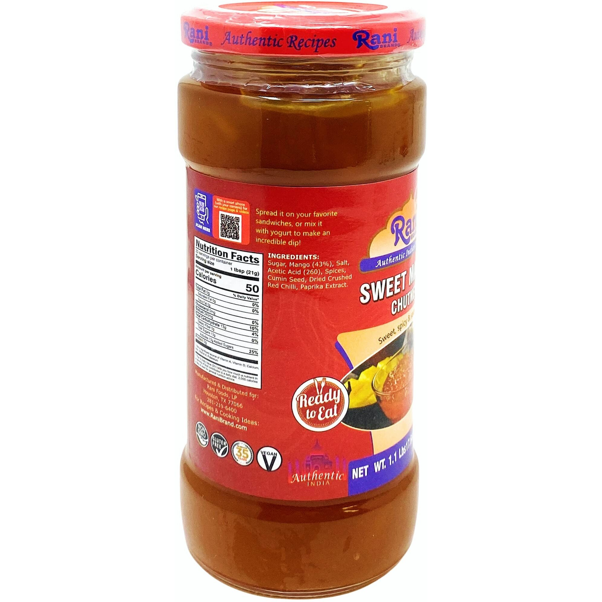 Rani Sweet Mango Chutney (Indian Preserve) 17.6oz (500g) 1.1lbs Glass Jar, Ready to eat, Vegan, Pack of 5+1 ~ Gluten Free, All Natural, NON-GMO (Size 17.6oz (500g) 1.1lbs)