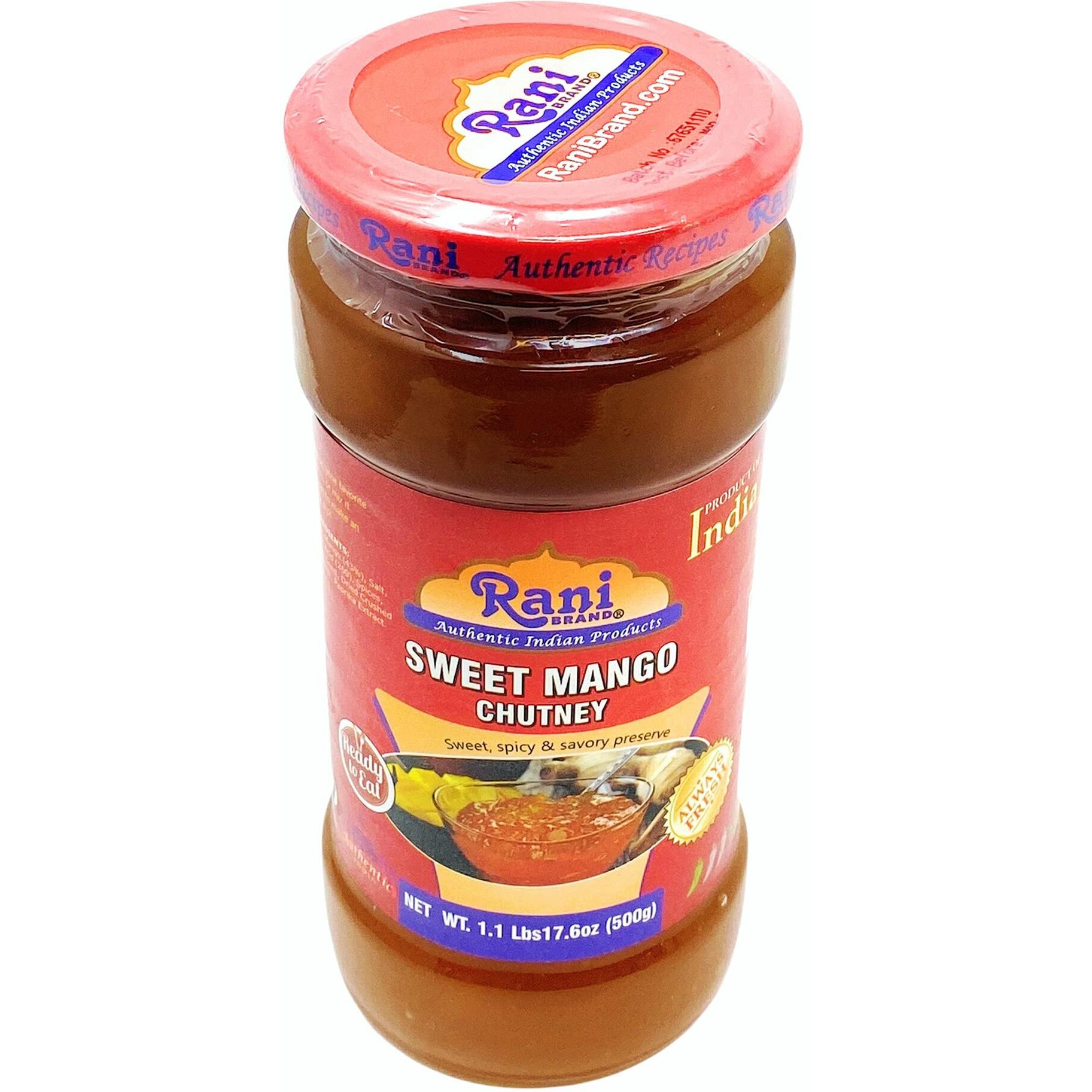 Rani Sweet Mango Chutney (Indian Preserve) 17.6oz (500g) 1.1lbs Glass Jar, Ready to eat, Vegan, Pack of 5+1 ~ Gluten Free, All Natural, NON-GMO (Size 17.6oz (500g) 1.1lbs)
