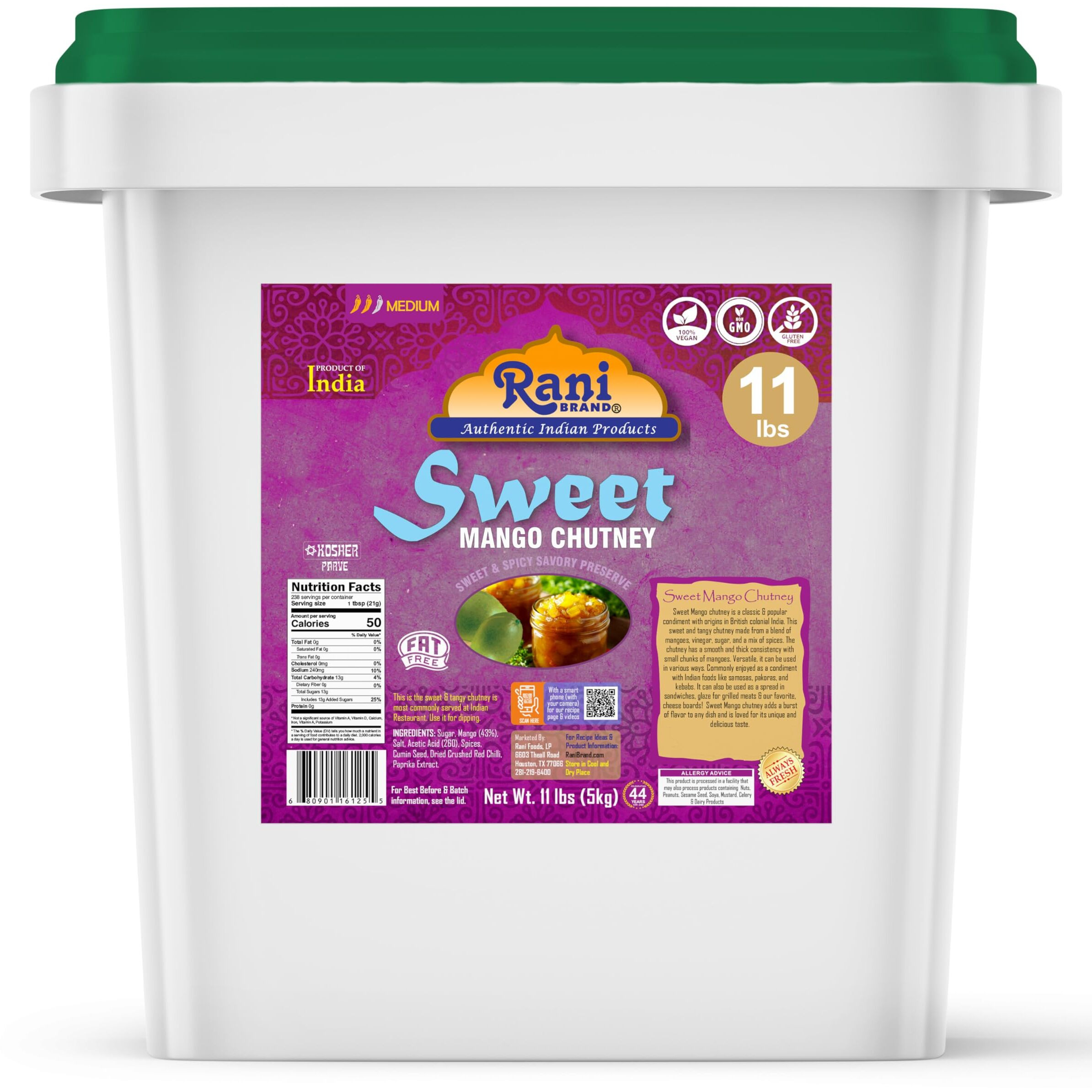 Rani Sweet Mango Chutney (Indian Preserve) 176oz (11lbs) 5kg Bulk, Ready to eat, Vegan ~ Gluten Free, All Natural, NON-GMO, Kosher (Size 176oz (11lbs) 5kg)