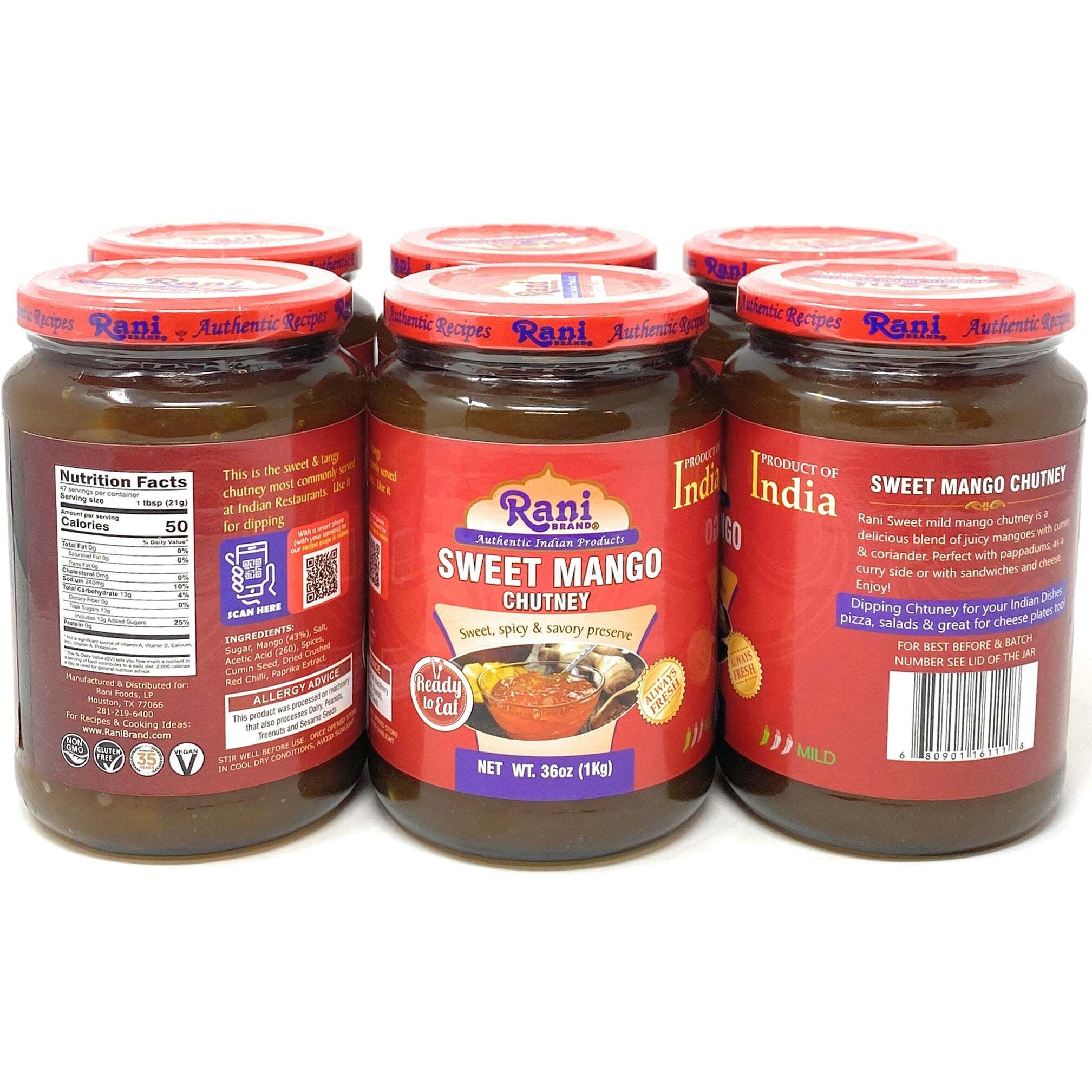 Rani Sweet Mango Chutney (Indian Preserve) 36oz (2.2lbs) 1kg Value Pack, Glass Jar, Ready to eat, Vegan, Pack of 5+1 ~ Gluten Free, All Natural, NON-GMO (Size 36oz (2.2lbs) 1kg)