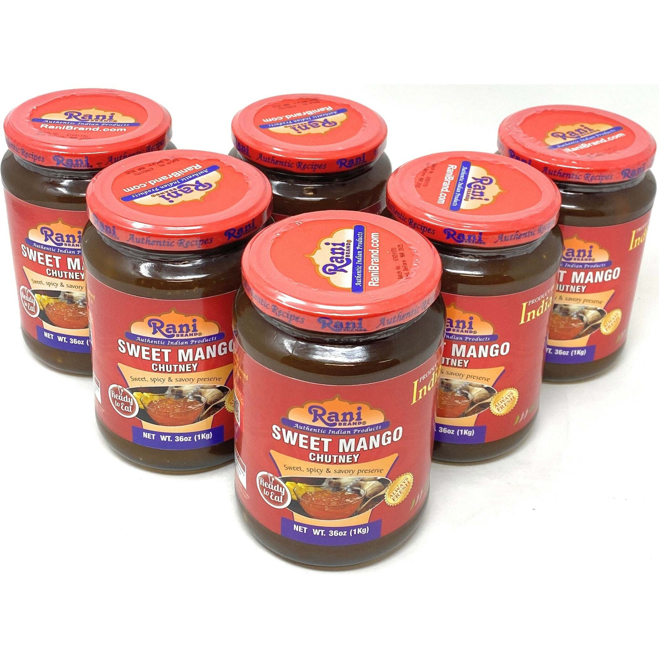 Rani Sweet Mango Chutney (Indian Preserve) 36oz (2.2lbs) 1kg Value Pack, Glass Jar, Ready to eat, Vegan, Pack of 5+1 ~ Gluten Free, All Natural, NON-GMO (Size 36oz (2.2lbs) 1kg)