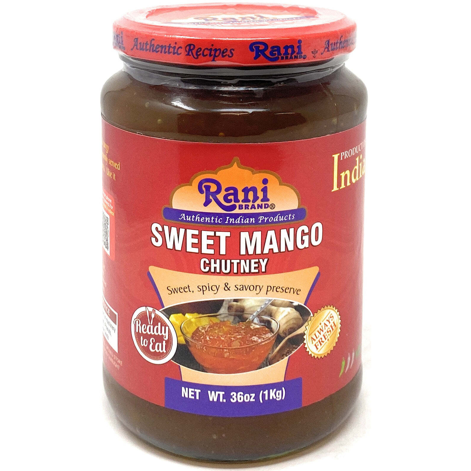 Rani Sweet Mango Chutney (Indian Preserve) 36oz (2.2lbs) 1kg Value Pack, Glass Jar, Ready to eat, Vegan, Pack of 5+1 ~ Gluten Free, All Natural, NON-GMO (Size 36oz (2.2lbs) 1kg)