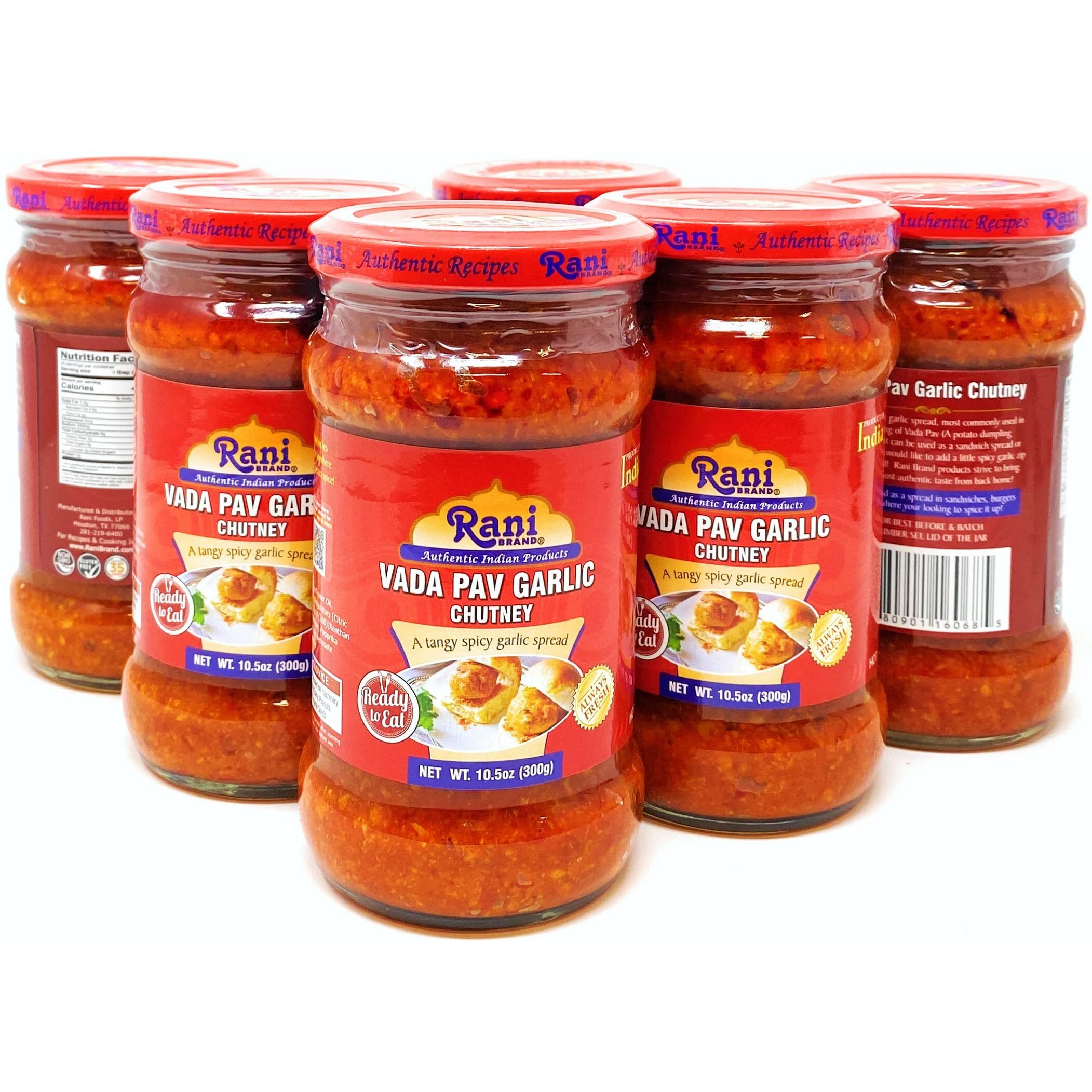 Rani Vada Pav Garlic Chutney 10.5oz (300g) Glass Jar, Ready to Eat, Pack of 5+1 FREE ~ Vegan, Gluten Free, NON-GMO, Indian Origin (Size 10.5oz (300g))