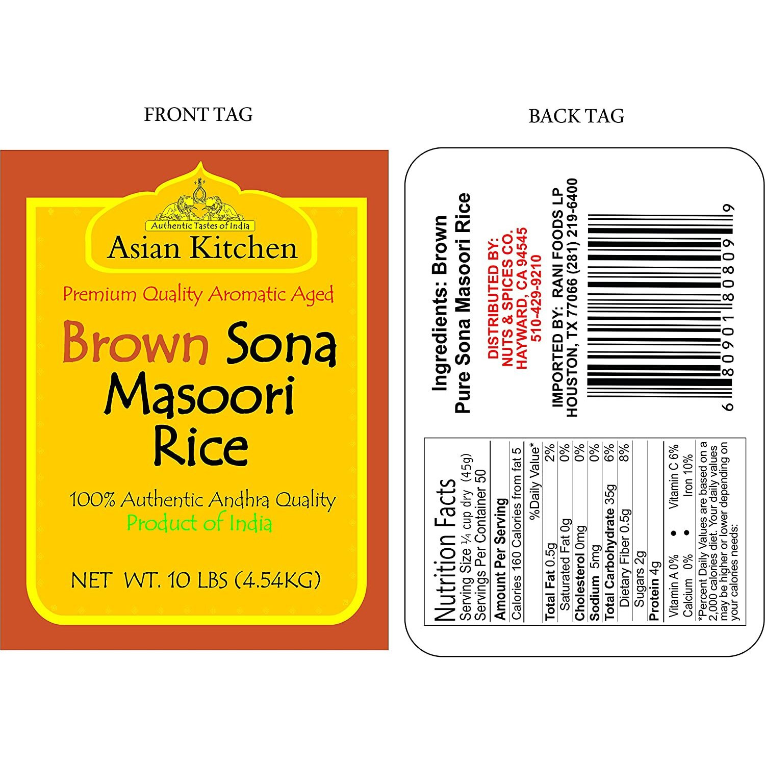 Asian Kitchen Brown Sona Masoori Aged Rice 10-Pound Bag, 10lbs (4.54kg) Short Grain Rice ~ All Natural, Gluten Friendly, Vegan, Indian Origin, Export Quality