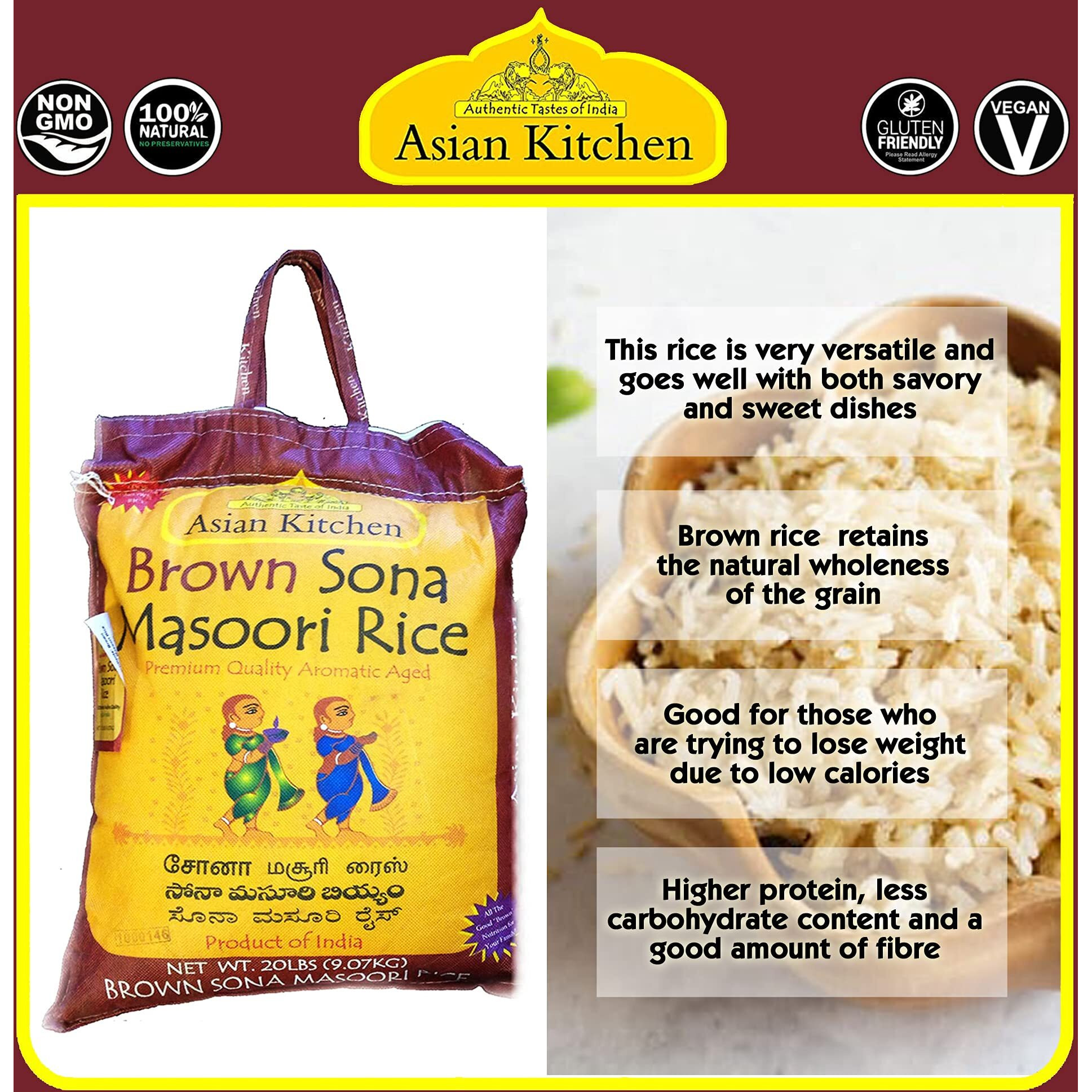 Asian Kitchen Brown Sona Masoori Aged Rice 10-Pound Bag, 10lbs (4.54kg) Short Grain Rice ~ All Natural, Gluten Friendly, Vegan, Indian Origin, Export Quality