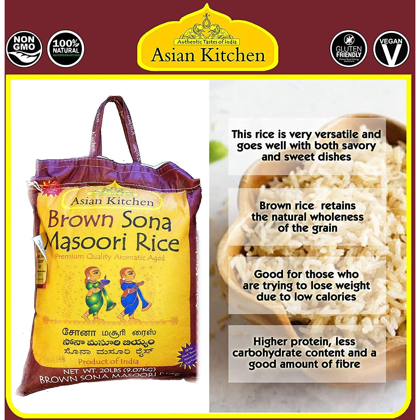 Asian Kitchen Brown Sona Masoori Aged Rice 20-Pound Bag, 20lbs (9.08kg) Short Grain Rice ~ All Natural, Gluten Friendly, Vegan, Indian Origin, Export Quality