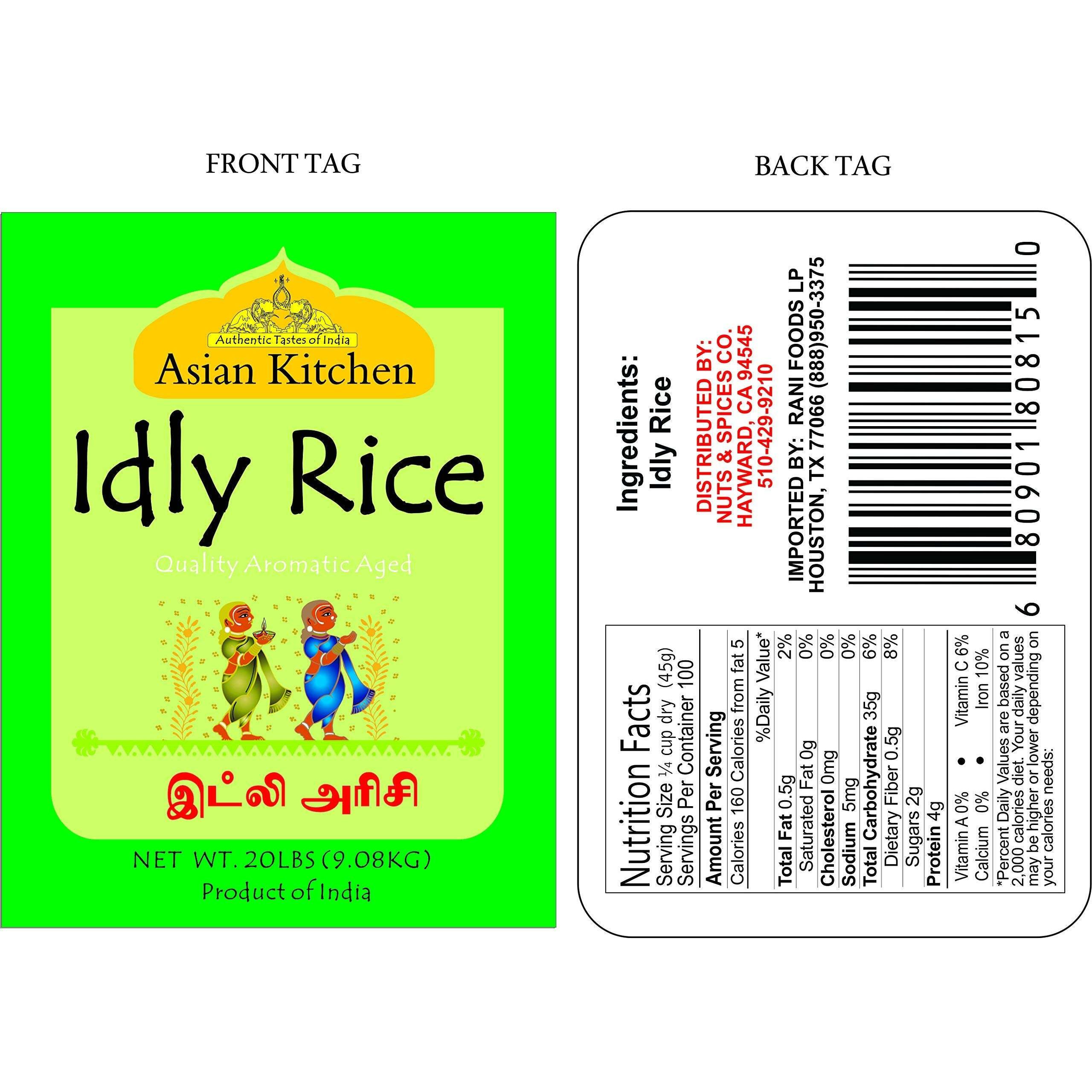 Asian Kitchen Idly (Idli) Rice 20-Pound Bag, 20lbs (9.08kg) Short Grain Rice ~ All Natural, Gluten Free, Vegan, Indian Origin, Export Quality
