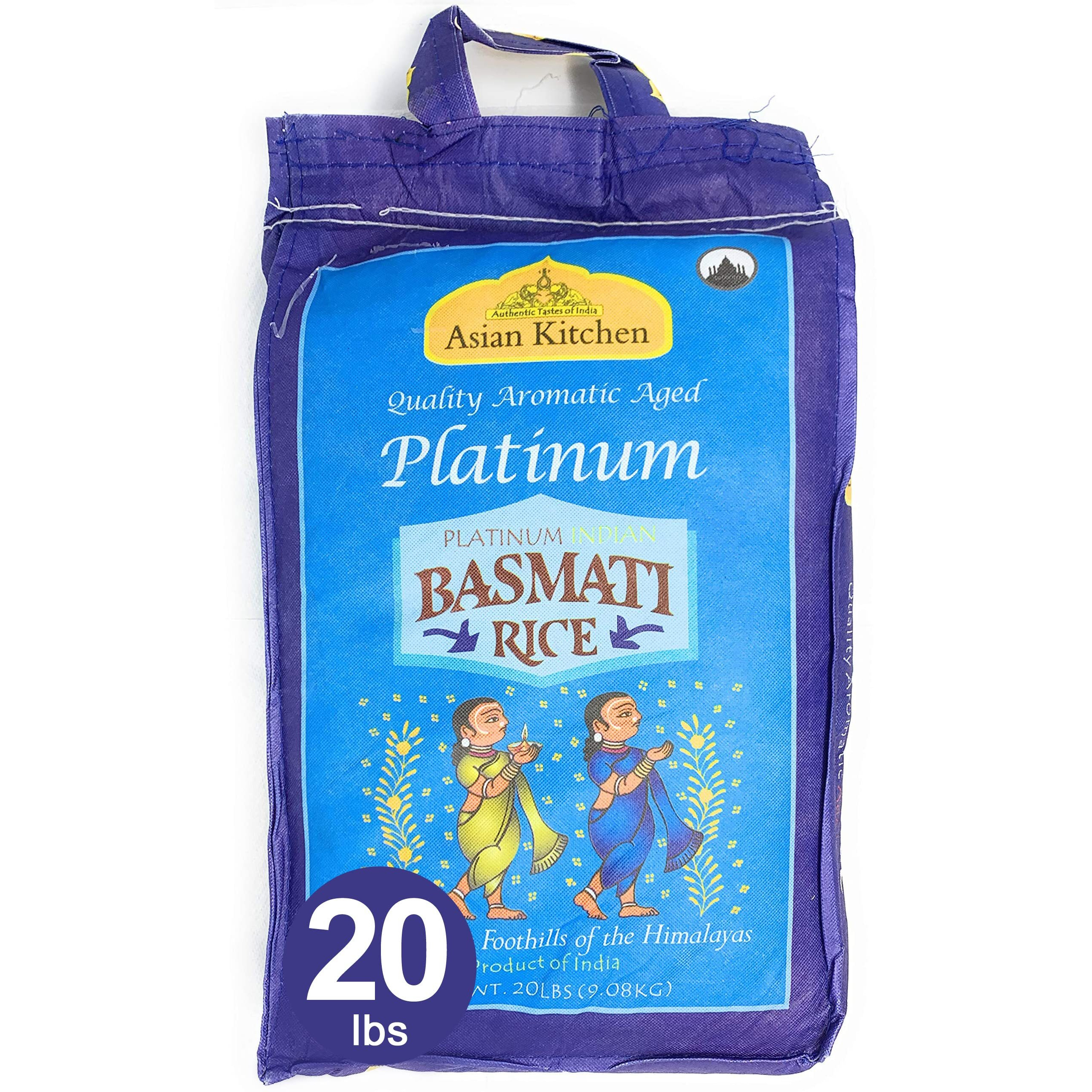 Asian Kitchen Platinum White Basmati Rice Extra Long Aged 20lbs (9.08kg) ~ All Natural, Gluten Friendly, Vegan, Indian Origin, Export Quality
