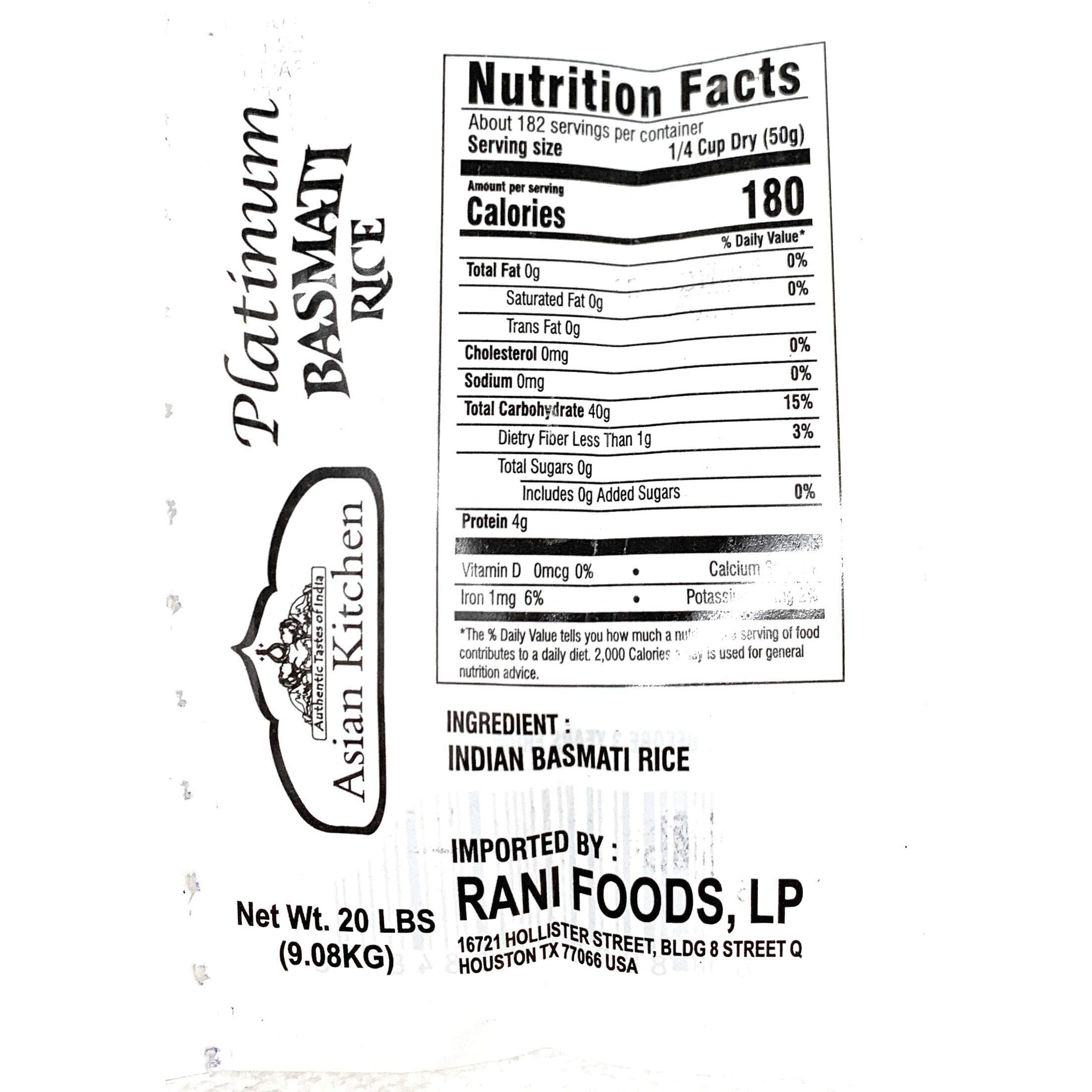 Asian Kitchen Platinum White Basmati Rice Extra Long Aged 20lbs (9.08kg) ~ All Natural, Gluten Friendly, Vegan, Indian Origin, Export Quality