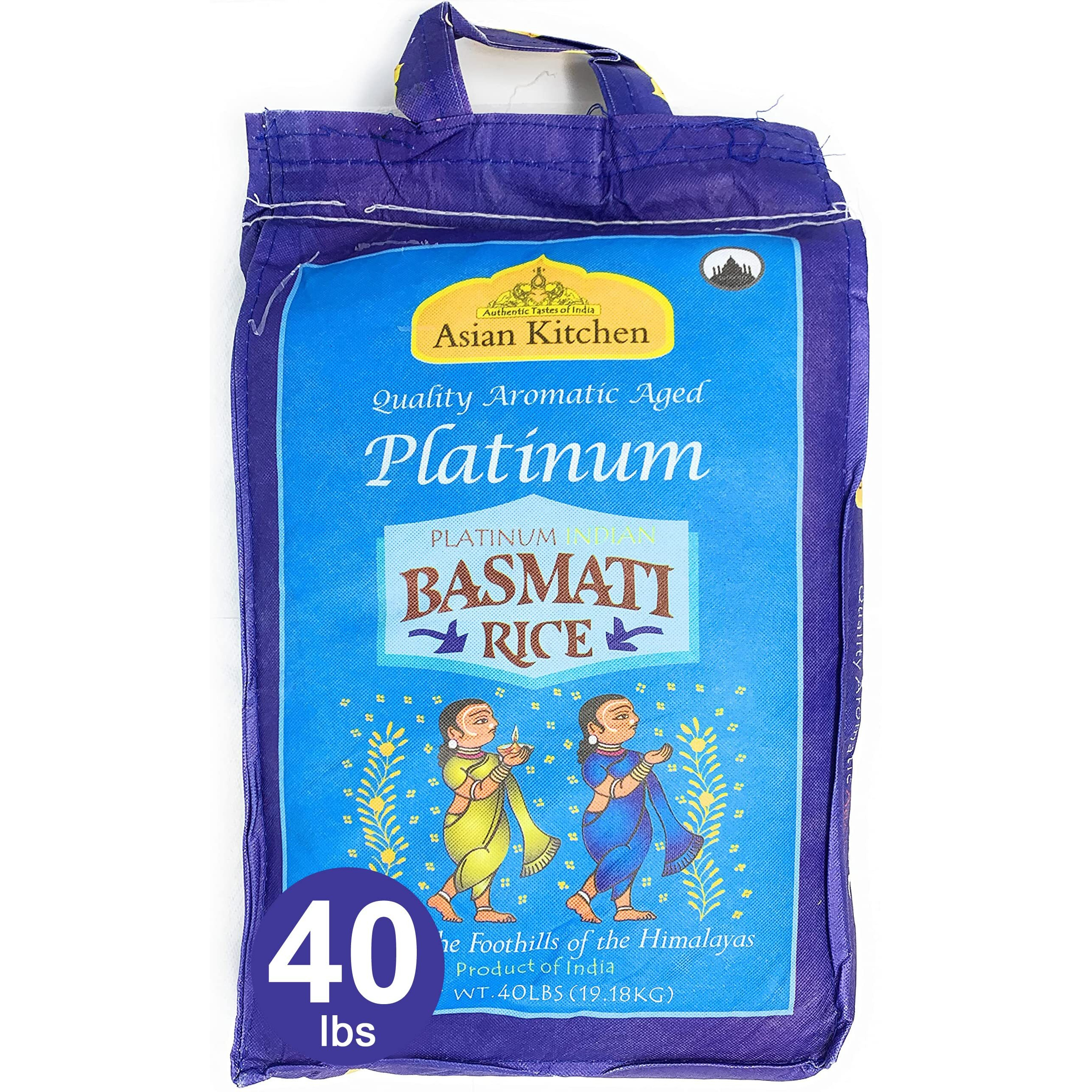 Asian Kitchen Platinum White Basmati Rice Extra Long Aged 40lbs (18.18kg) ~ All Natural, Gluten Friendly, Vegan, Indian Origin, Export Quality