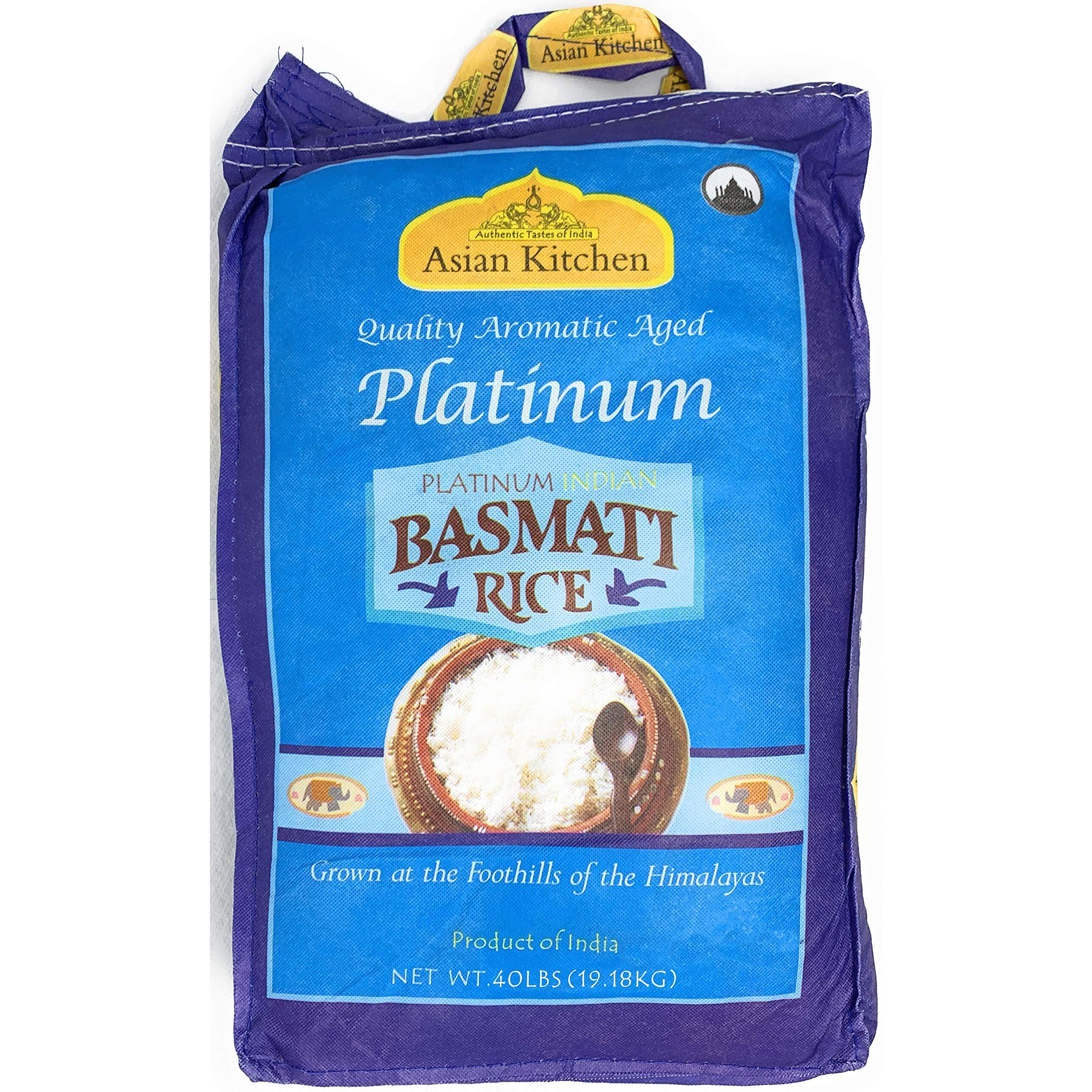 Asian Kitchen Platinum White Basmati Rice Extra Long Aged 40lbs (18.18kg) ~ All Natural, Gluten Friendly, Vegan, Indian Origin, Export Quality