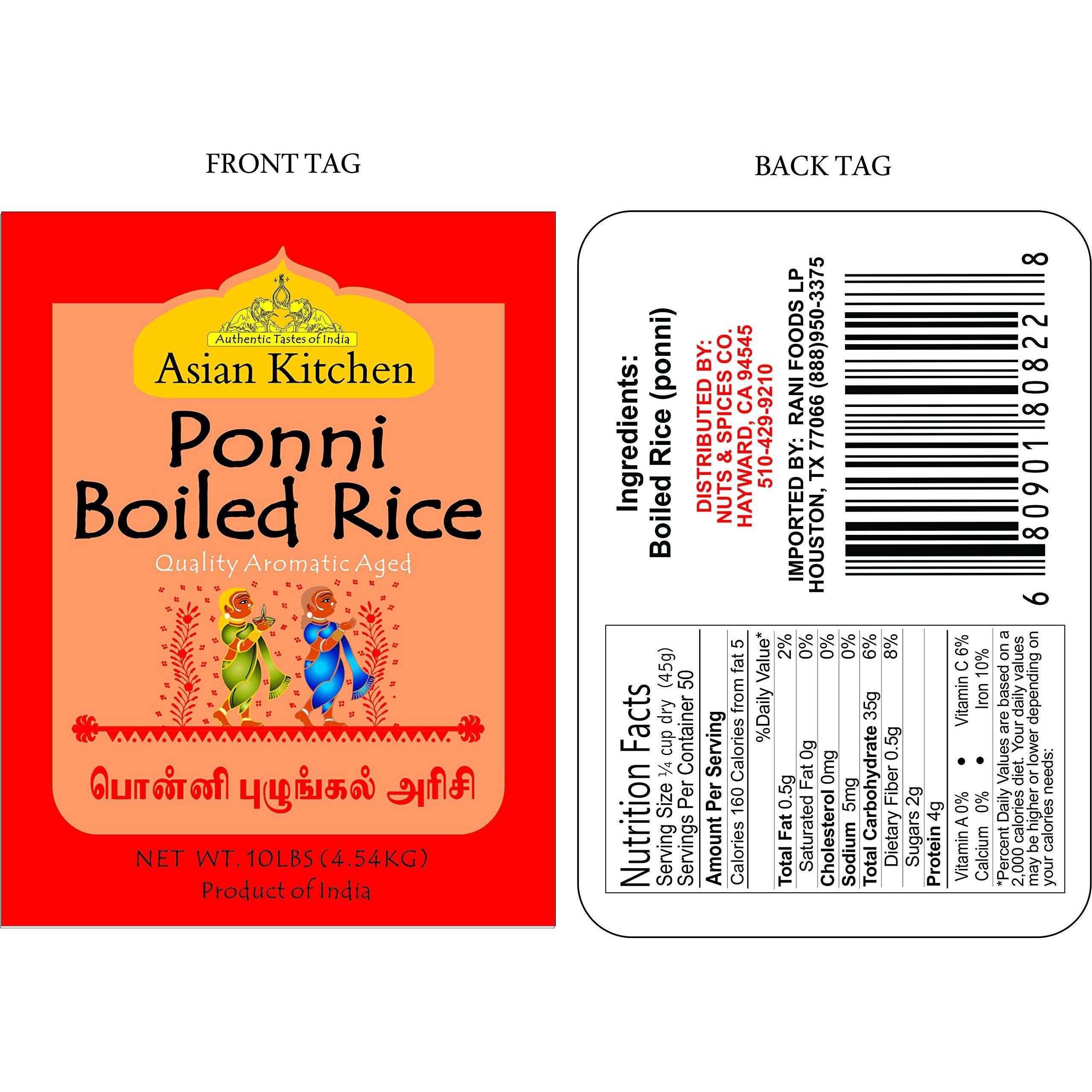 Asian Kitchen Ponni Boiled Rice 10-Pound Bag, 10lbs (4.54kg) Short Grain Par Boiled Rice ~ All Natural, Gluten Friendly, Vegan, Indian Origin, Export Quality