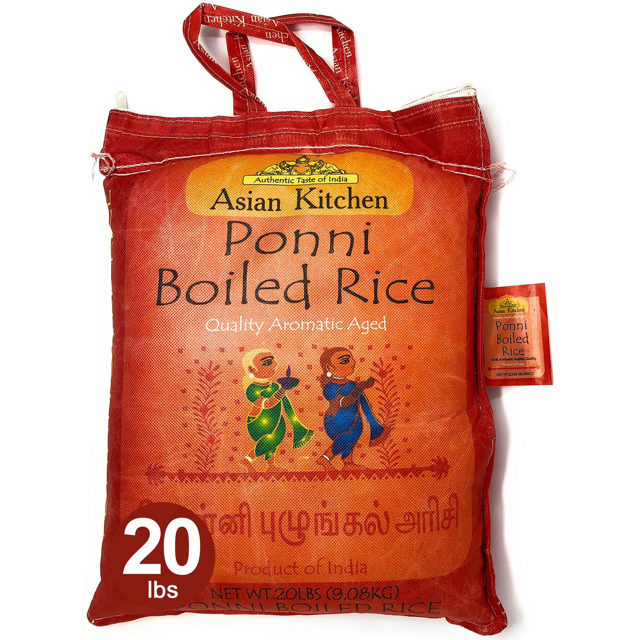 Asian Kitchen Ponni Boiled Rice 20-Pound Bag, 20lbs (9.08kg) Short Grain Par Boiled Rice ~ All Natural, Gluten Free, Vegan, Indian Origin, Export Quality