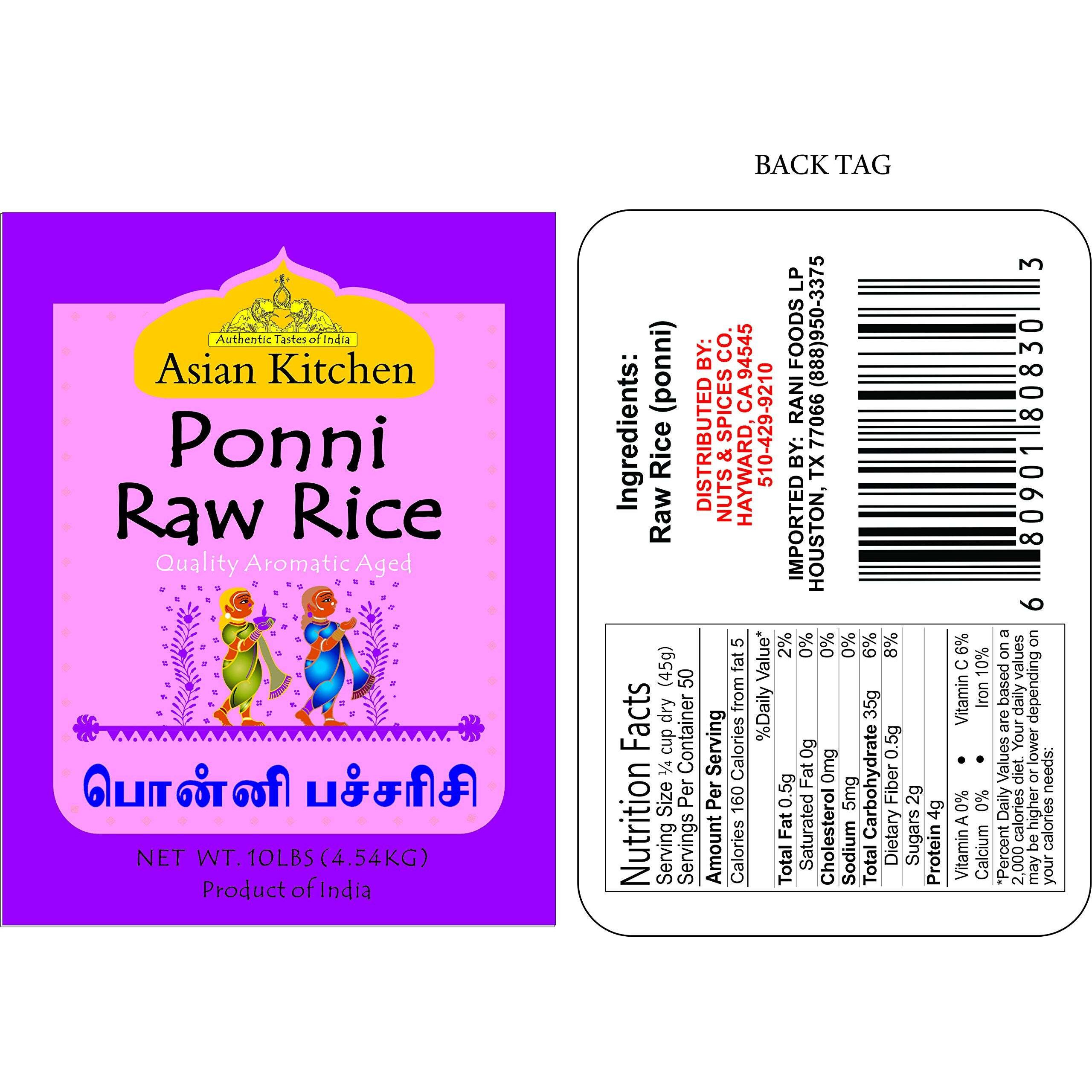 Asian Kitchen Ponni Raw Rice 10-Pound Bag, 10lbs (4.54kg) Short Grain Rice ~ All Natural, Gluten Friendly, Vegan, Indian Origin, Export Quality