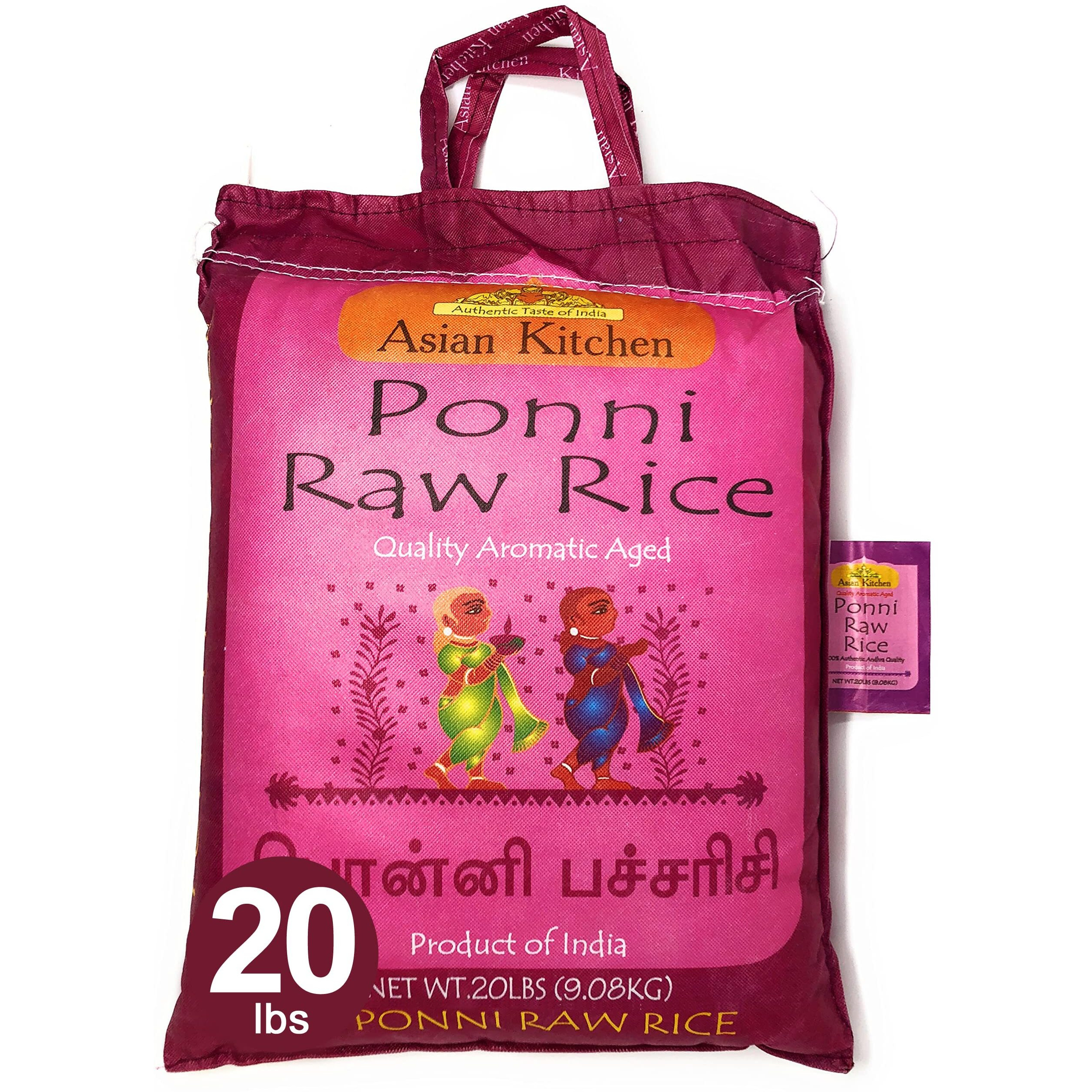 Asian Kitchen Ponni Raw Rice 20-Pound Bag, 20lbs (9.08kg) Short Grain Rice ~ All Natural, Gluten Friendly, Vegan, Indian Origin, Export Quality