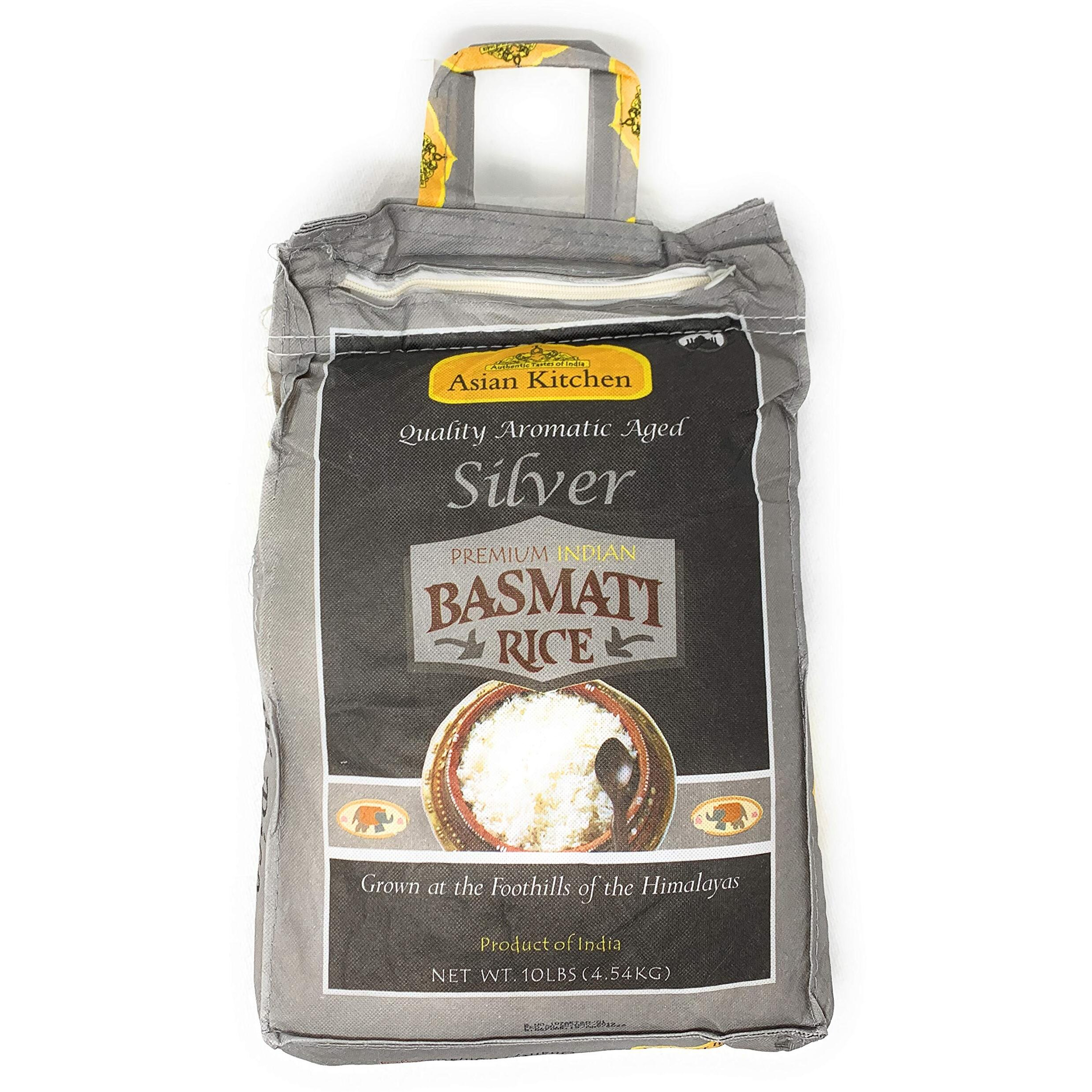 Asian Kitchen Silver White Basmati Rice Extra Long Aged 10lbs (4.54kg) ~ All Natural, Gluten Friendly, Vegan, Indian Origin, Export Quality