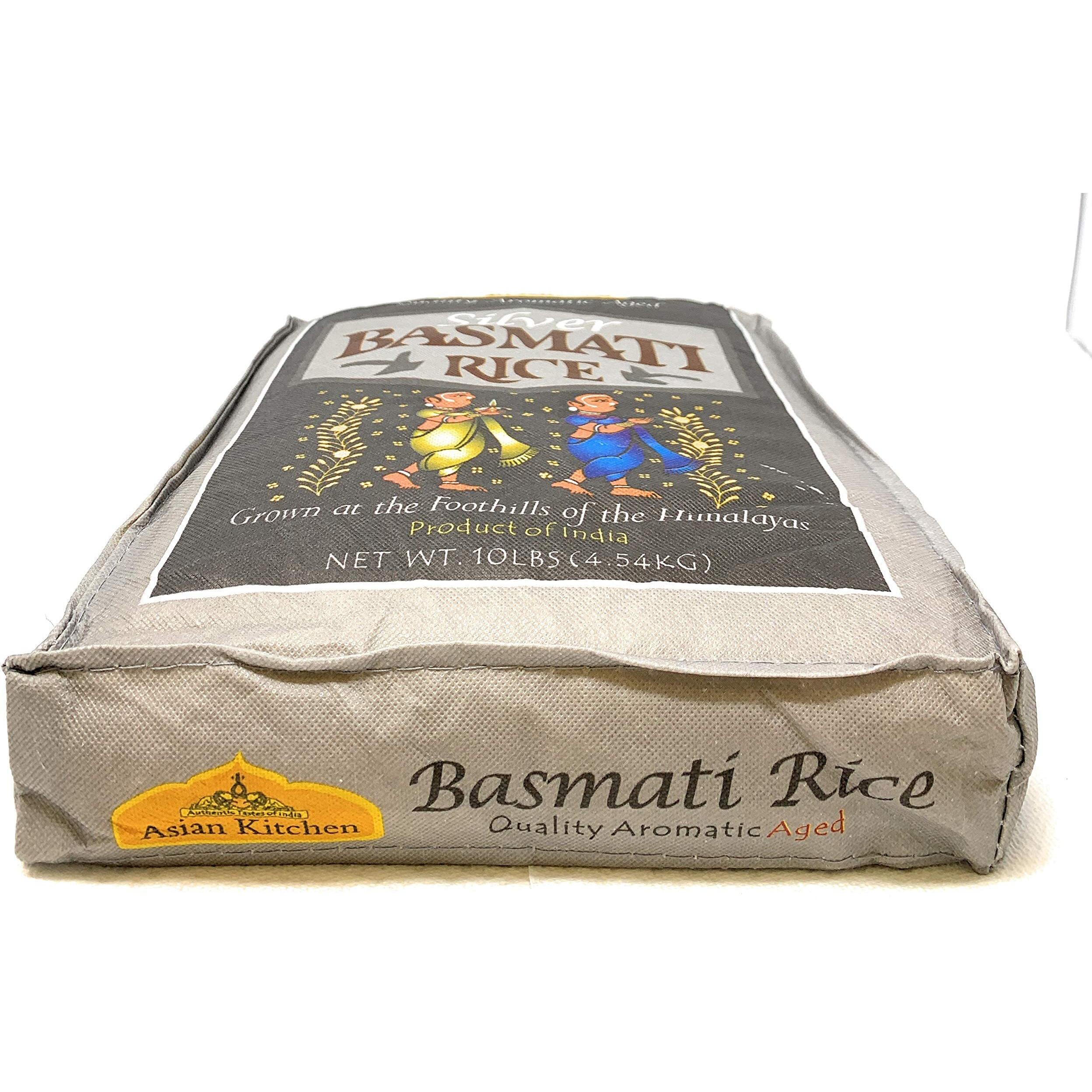 Asian Kitchen Silver White Basmati Rice Extra Long Aged 10lbs (4.54kg) ~ All Natural, Gluten Friendly, Vegan, Indian Origin, Export Quality