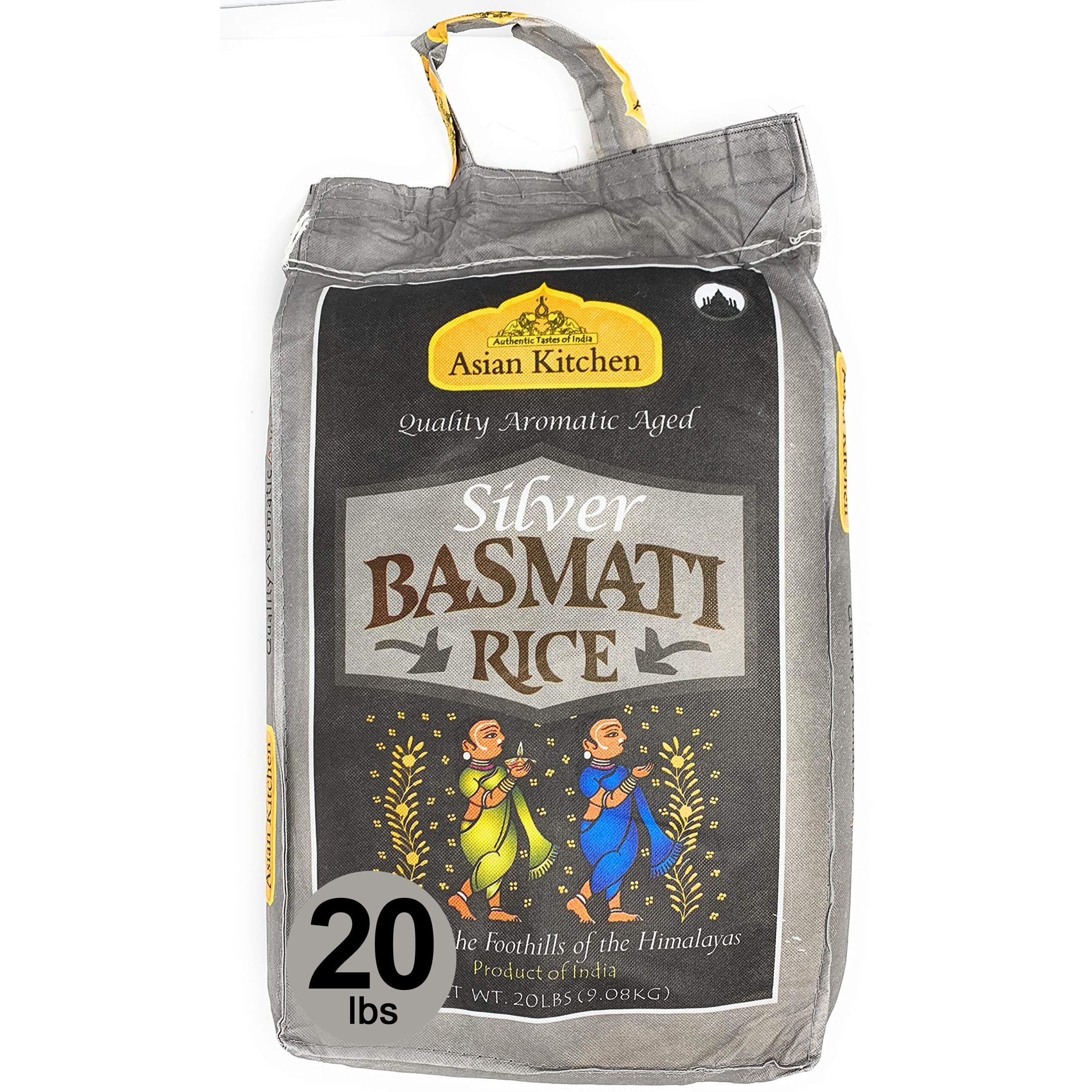 Asian Kitchen Silver White Basmati Rice Extra Long Aged 20lbs (9.08kg) ~ All Natural, Gluten Friendly, Vegan, Indian Origin, Export Quality