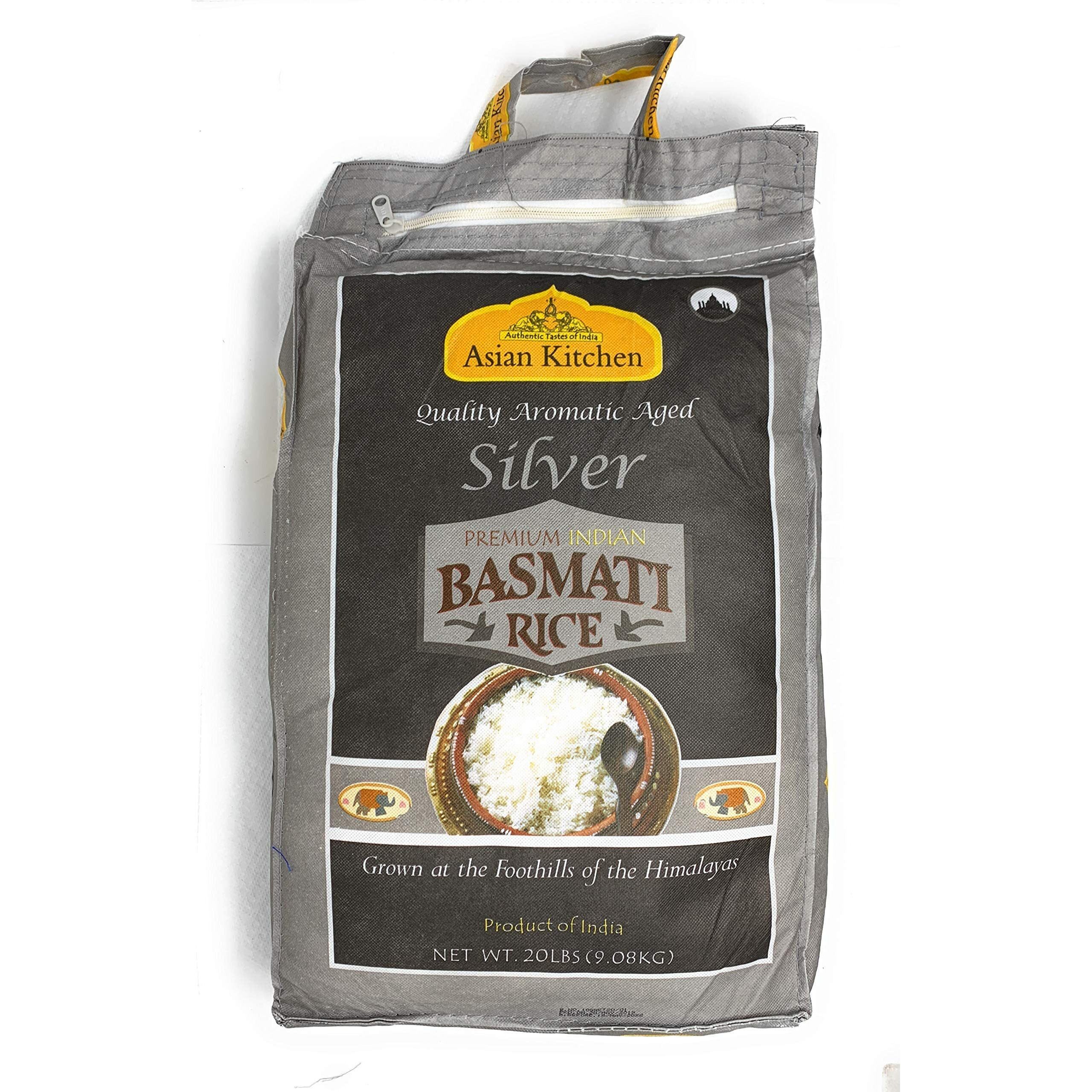 Asian Kitchen Silver White Basmati Rice Extra Long Aged 20lbs (9.08kg) ~ All Natural, Gluten Friendly, Vegan, Indian Origin, Export Quality