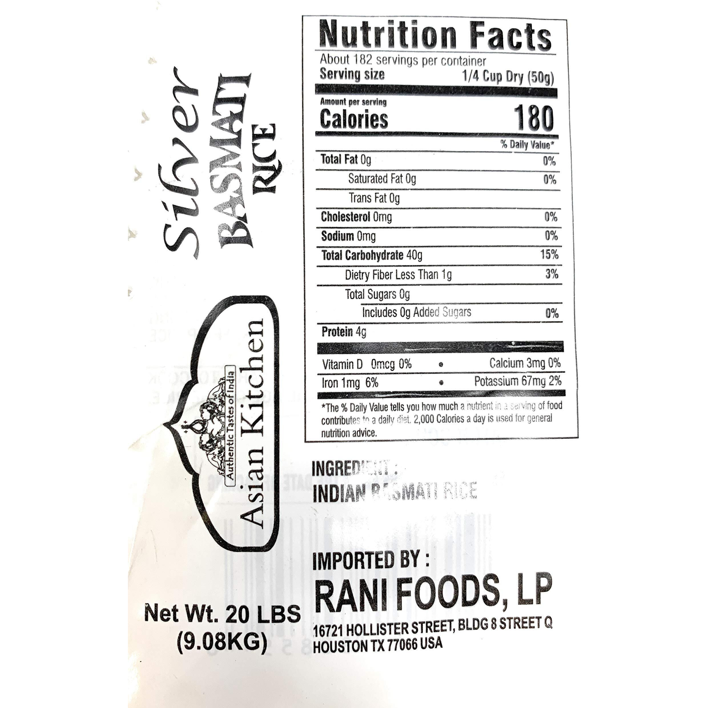 Asian Kitchen Silver White Basmati Rice Extra Long Aged 20lbs (9.08kg) ~ All Natural, Gluten Friendly, Vegan, Indian Origin, Export Quality