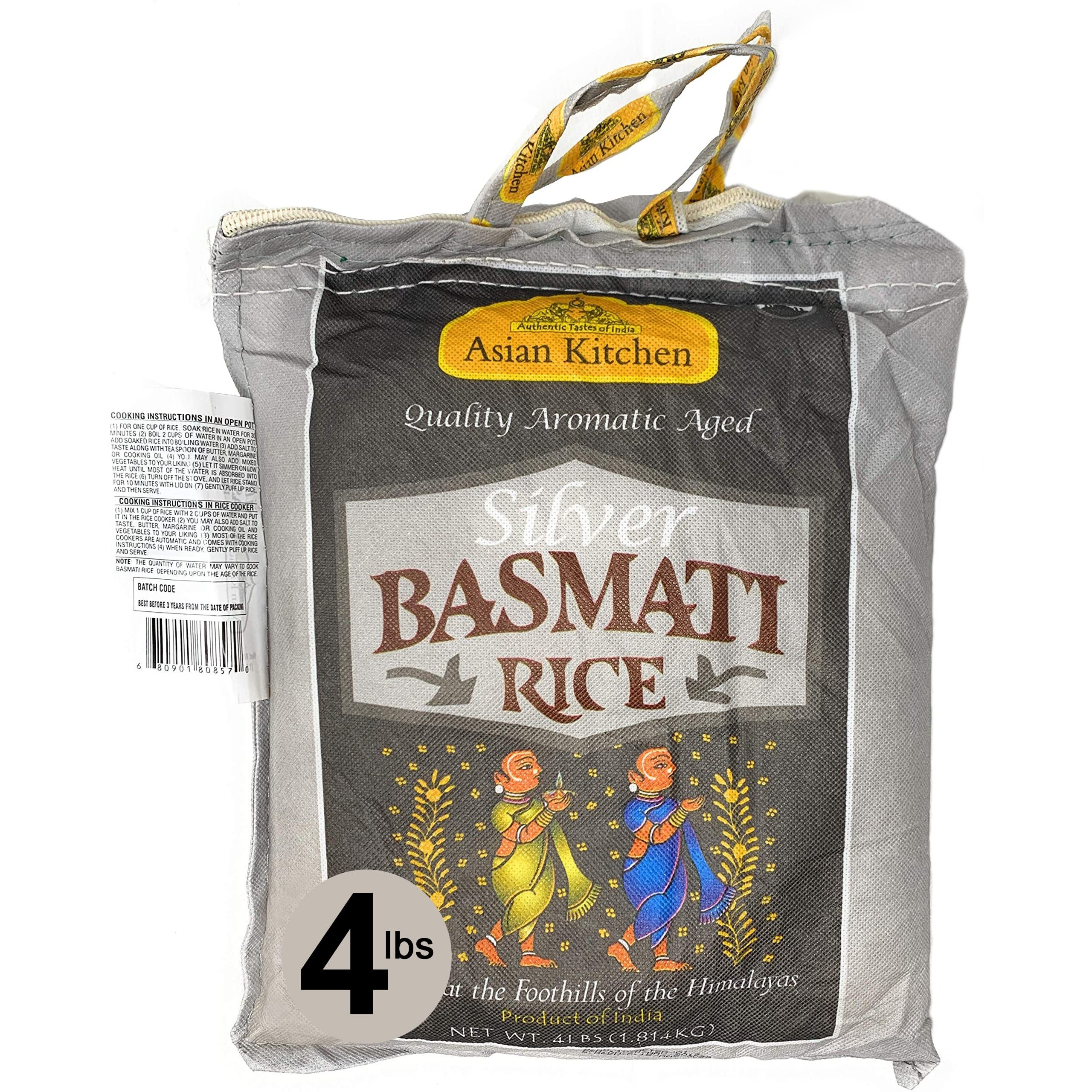 Asian Kitchen Silver White Basmati Rice Extra Long Aged 4lbs (1.81kg) ~ All Natural, Gluten Friendly, Vegan, Indian Origin, Export Quality