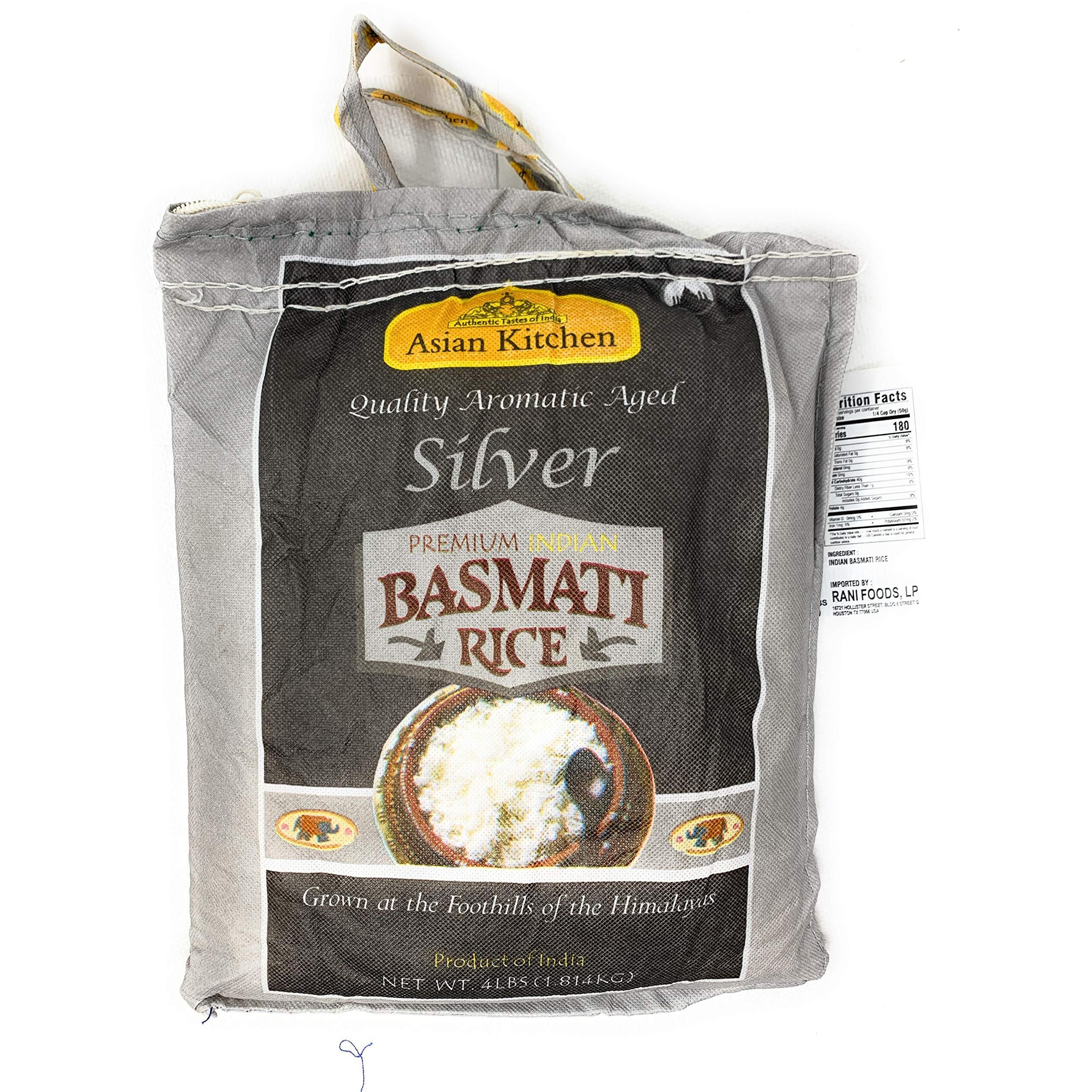 Asian Kitchen Silver White Basmati Rice Extra Long Aged 4lbs (1.81kg) ~ All Natural, Gluten Friendly, Vegan, Indian Origin, Export Quality
