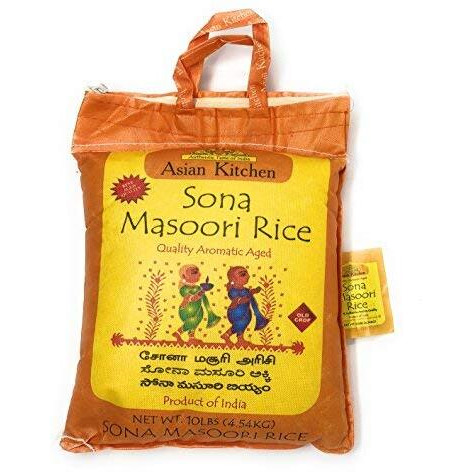 Asian Kitchen White Sona Masoori Aged Rice 10-Pound Bag, 10lbs (4.54kg) Short Grain Rice ~ All Natural, Gluten Friendly, Vegan, Indian Origin, Export Quality