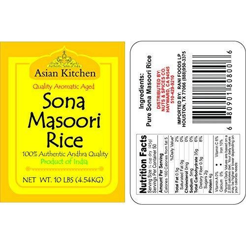Asian Kitchen White Sona Masoori Aged Rice 10-Pound Bag, 10lbs (4.54kg) Short Grain Rice ~ All Natural, Gluten Friendly, Vegan, Indian Origin, Export Quality