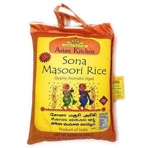 Asian Kitchen White Sona Masoori Aged Rice 20-Pound Bag, 20lbs (9.08kg) Short Grain Rice ~ All Natural, Gluten Friendly, Vegan, Indian Origin, Export Quality