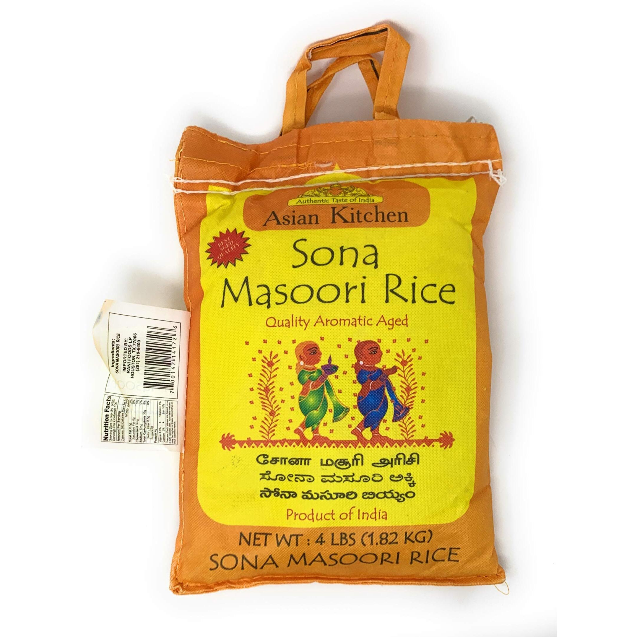 Asian Kitchen White Sona Masoori Aged Rice 4-Pound Bag, 4lbs (1.81kg) Short Grain Rice ~ All Natural, Gluten Friendly, Vegan, Indian Origin, Export Quality