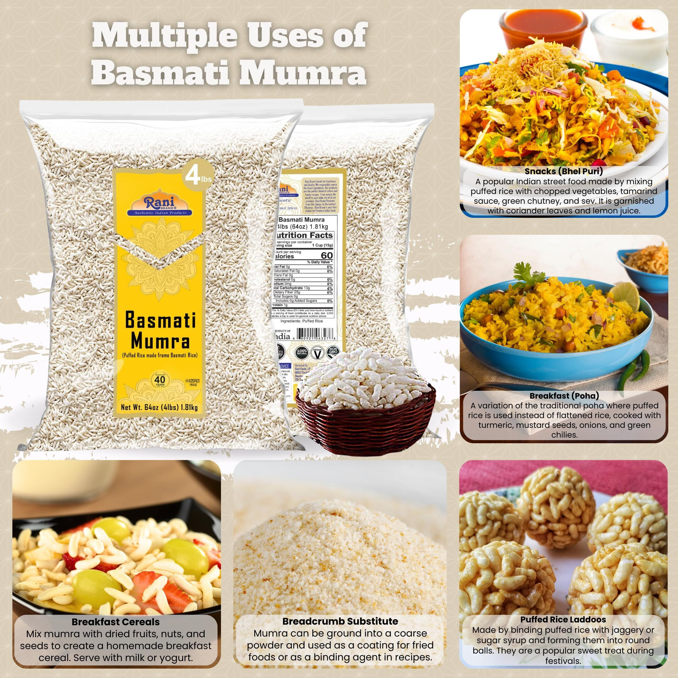Rani Basmati Mumra (Puffed Rice) 64oz (4lbs) 1.81kg Bulk ~ All Natural, No Color, Gluten Friendly, Vegan, NON-GMO, No Salt or fillers, Indian Origin