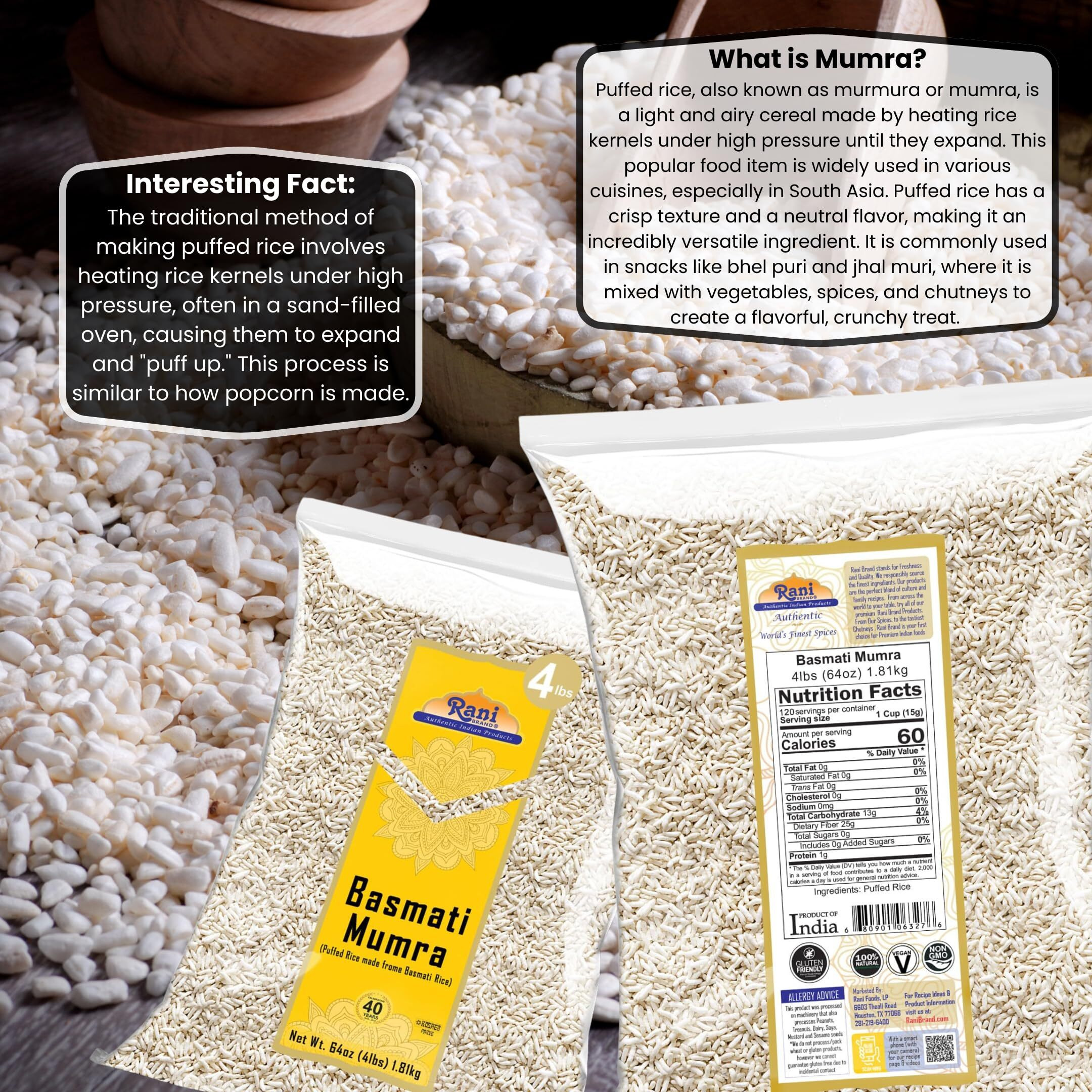 Rani Basmati Mumra (Puffed Rice) 64oz (4lbs) 1.81kg Bulk ~ All Natural, No Color, Gluten Friendly, Vegan, NON-GMO, No Salt or fillers, Indian Origin