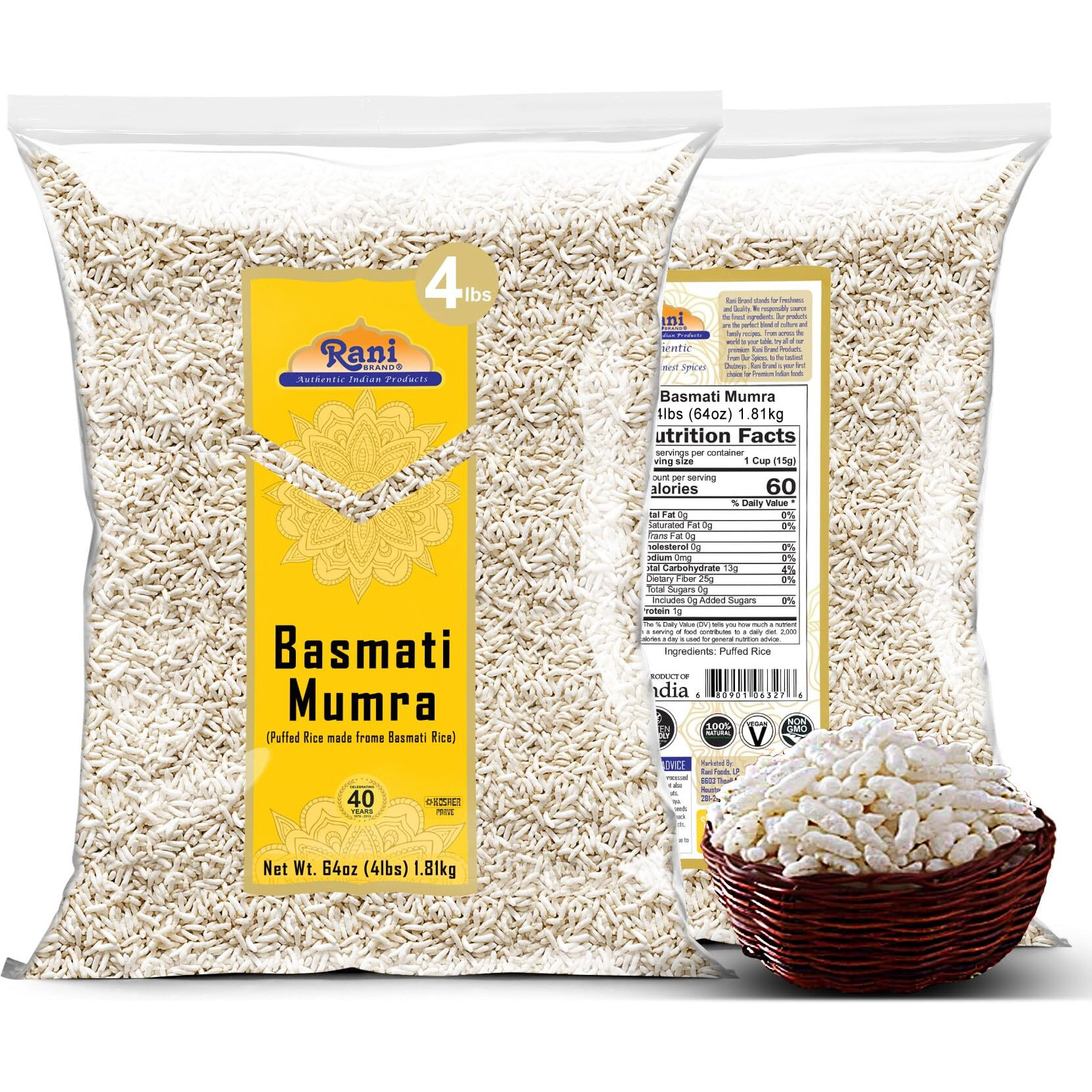 Rani Basmati Mumra (Puffed Rice) 64oz (4lbs) 1.81kg Bulk ~ All Natural, No Color, Gluten Friendly, Vegan, NON-GMO, No Salt or fillers, Indian Origin