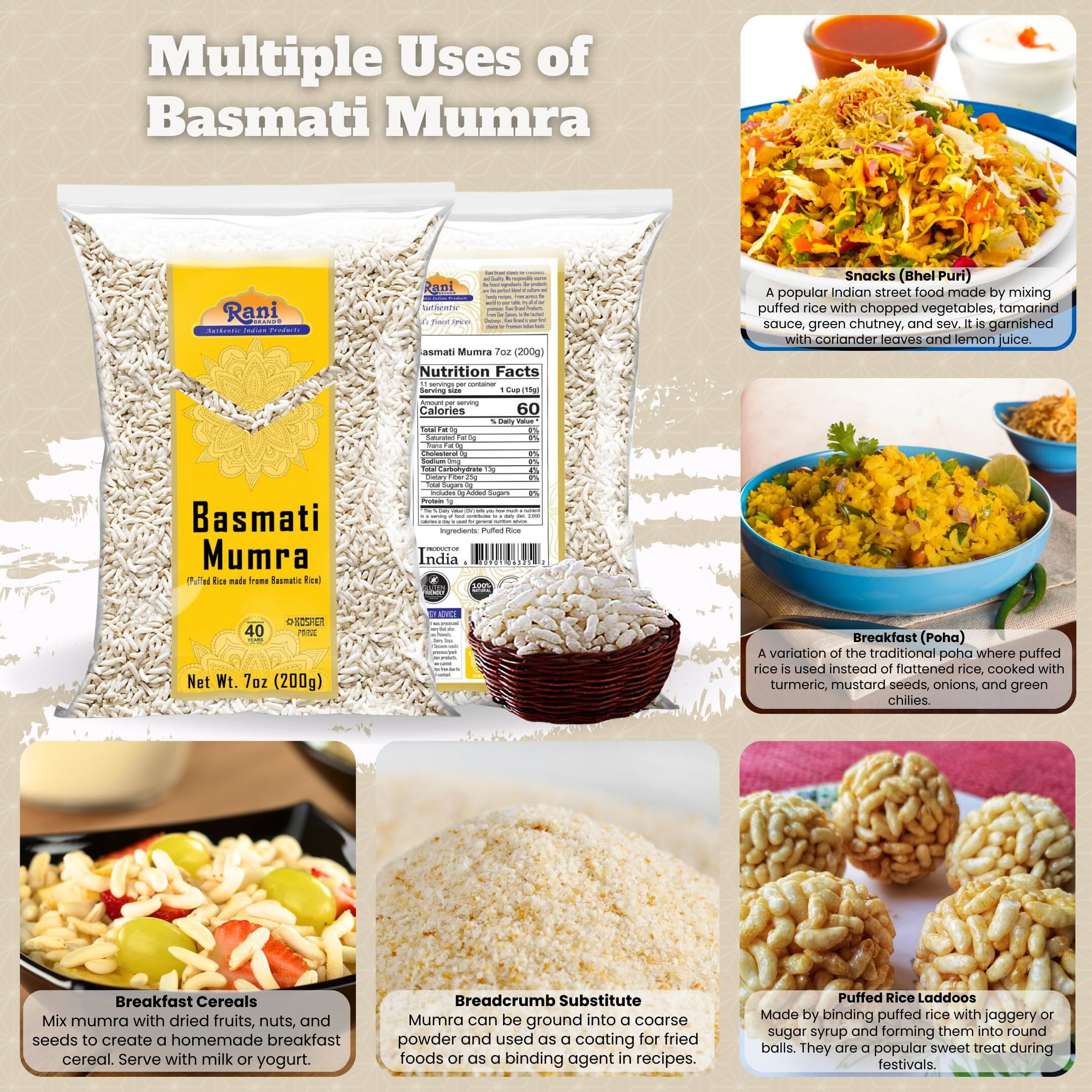 Rani Basmati Mumra (Puffed Rice) 7oz (200g) ~ All Natural, No Color, Gluten Friendly, Vegan, NON-GMO, Kosher, No Salt or fillers, Indian Origin