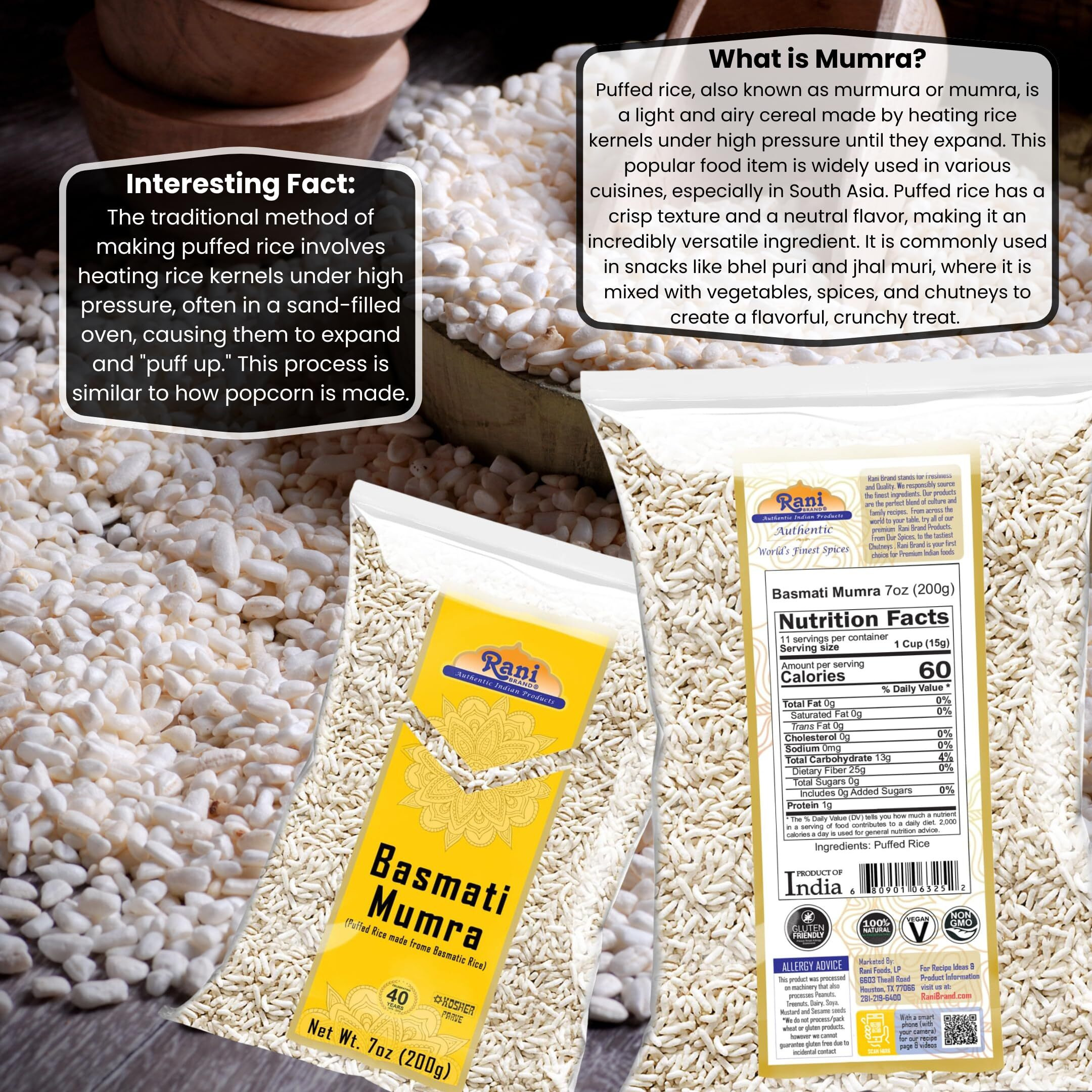 Rani Basmati Mumra (Puffed Rice) 7oz (200g) ~ All Natural, No Color, Gluten Friendly, Vegan, NON-GMO, Kosher, No Salt or fillers, Indian Origin
