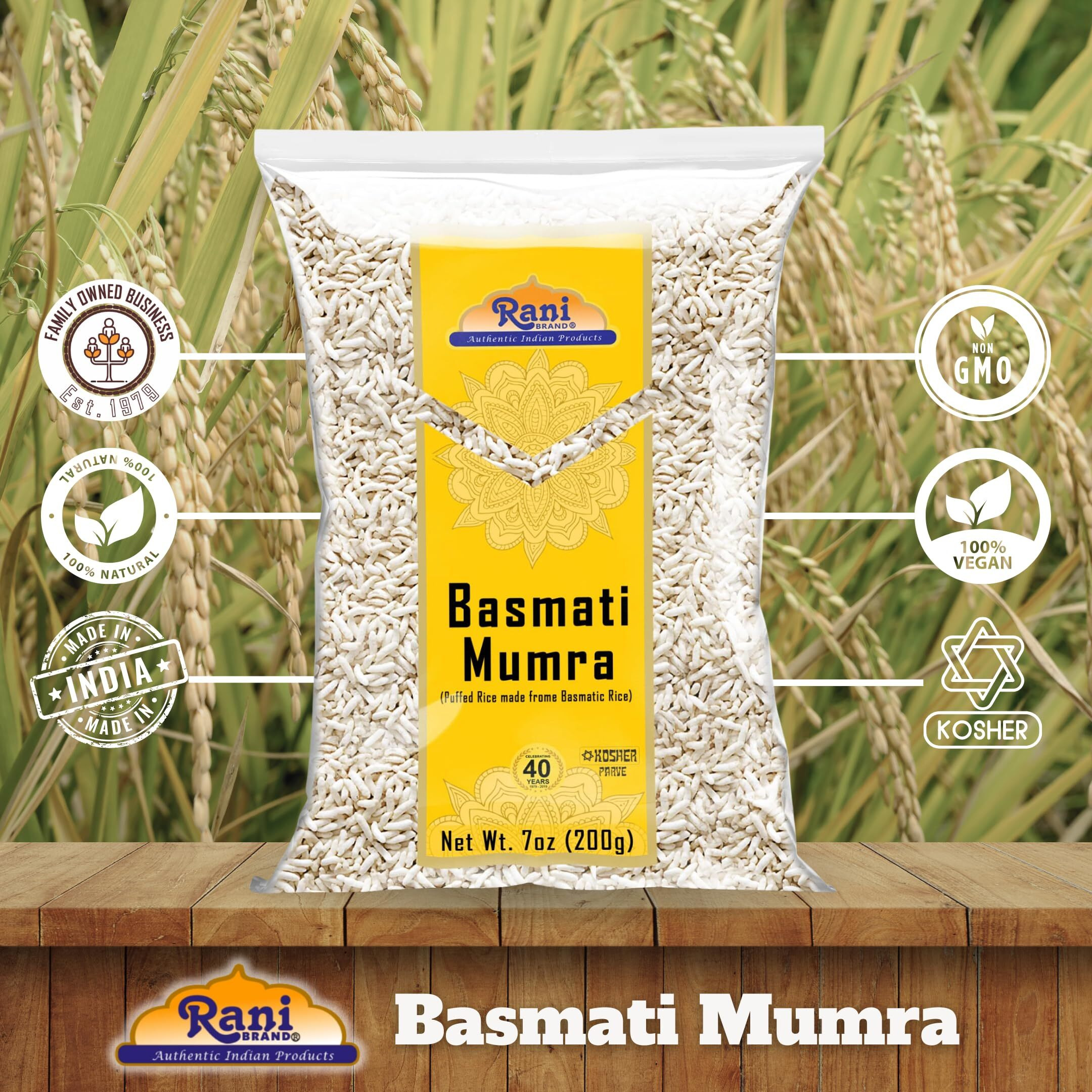 Rani Basmati Mumra (Puffed Rice) 7oz (200g) ~ All Natural, No Color, Gluten Friendly, Vegan, NON-GMO, Kosher, No Salt or fillers, Indian Origin