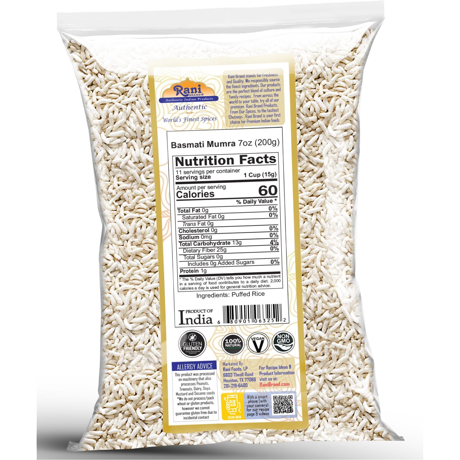 Rani Basmati Mumra (Puffed Rice) 7oz (200g) ~ All Natural, No Color, Gluten Friendly, Vegan, NON-GMO, Kosher, No Salt or fillers, Indian Origin
