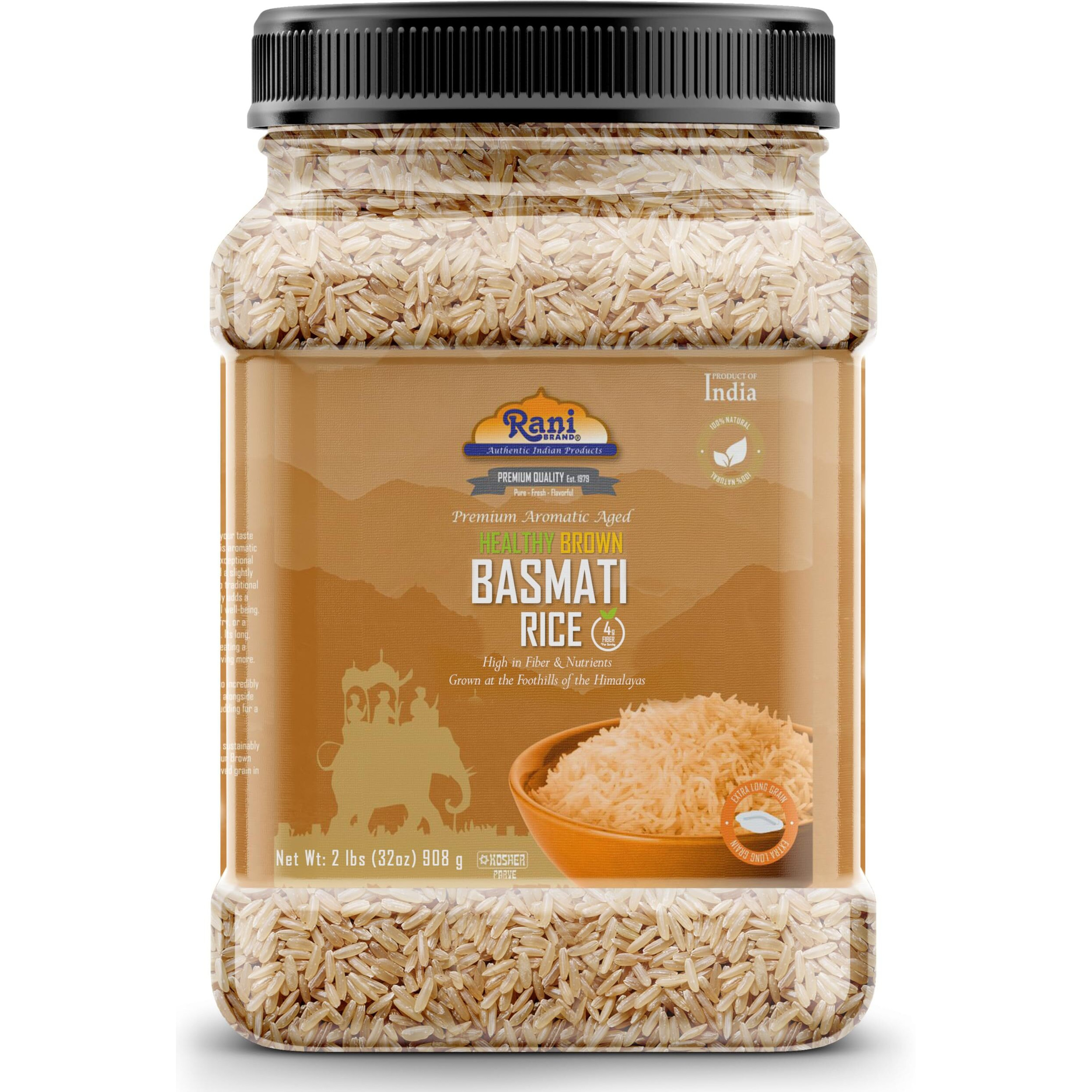 Rani Brown Basmati Rice Extra Long Aged 32oz (2lbs) 908g PET Jar ~ All Natural, Gluten Friendly, Vegan, Indian Origin, Kosher, Export Quality