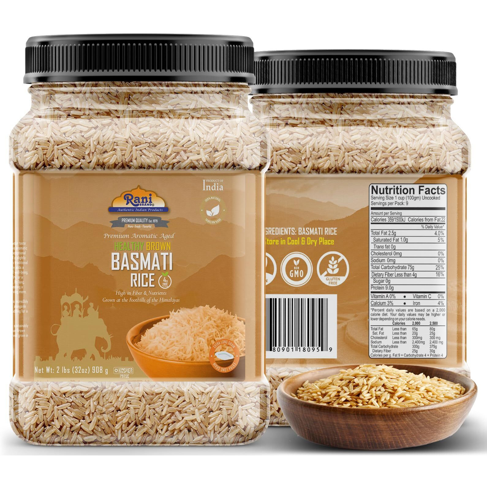 Rani Brown Basmati Rice Extra Long Aged 32oz (2lbs) 908g PET Jar ~ All Natural, Gluten Friendly, Vegan, Indian Origin, Kosher, Export Quality