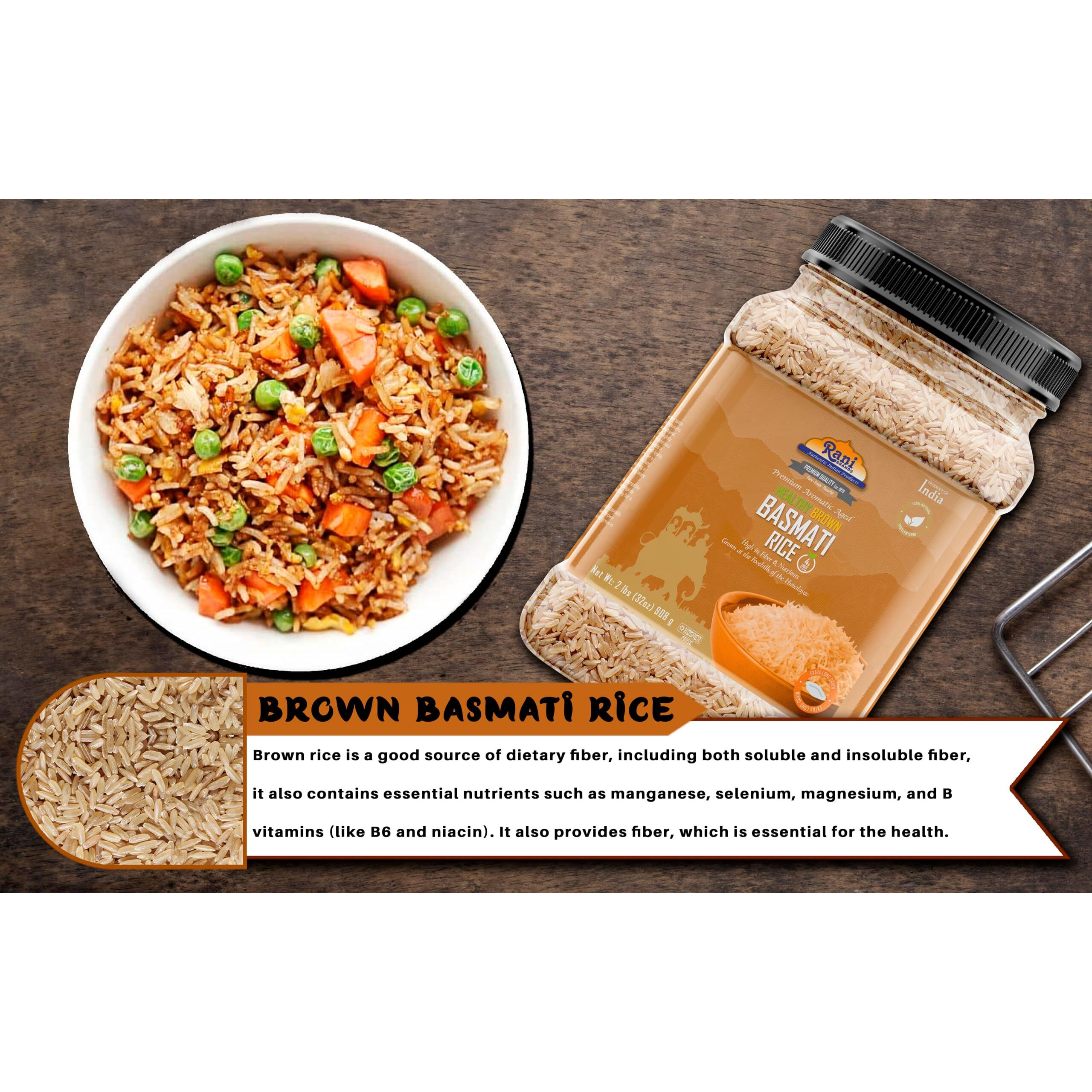 Rani Brown Basmati Rice Extra Long Aged 32oz (2lbs) 908g PET Jar ~ All Natural, Gluten Friendly, Vegan, Indian Origin, Kosher, Export Quality